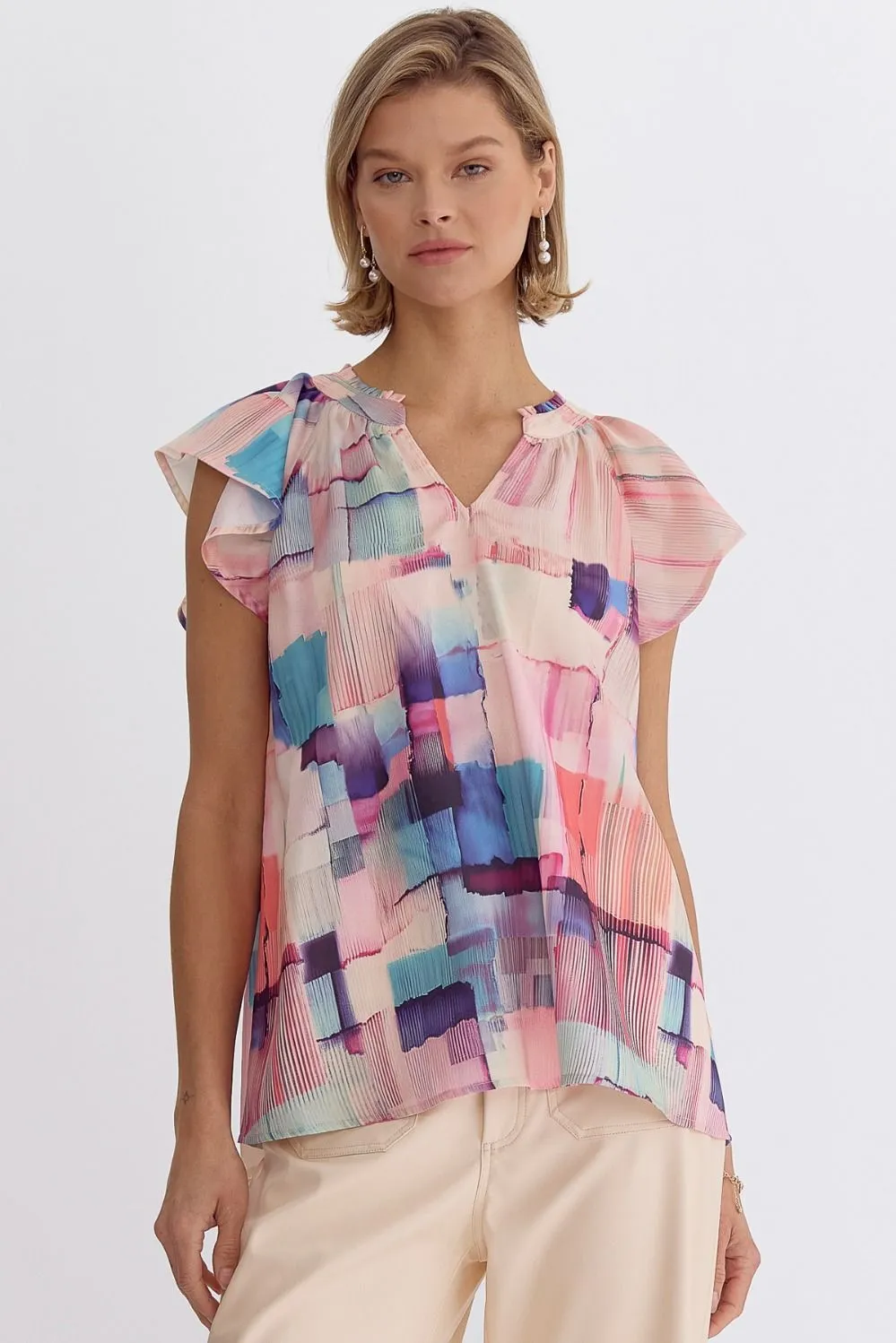 Abstract Print Flutter Sleeve V-Neck Top