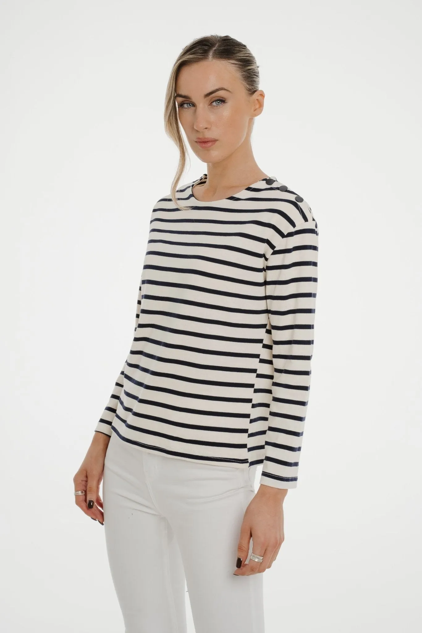 Ally Button Shoulder Top In Navy