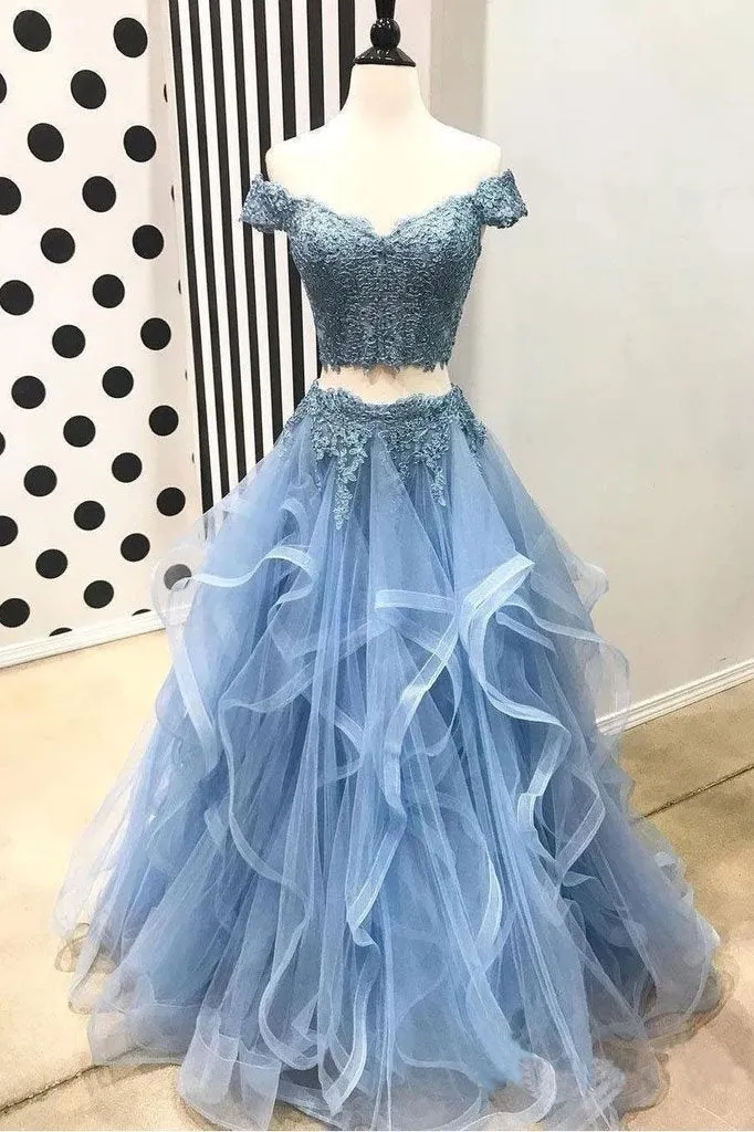 Blue Off the Shoulder Two Pieces Tulle Beads Prom Dresses with Lace Appliques STK15500