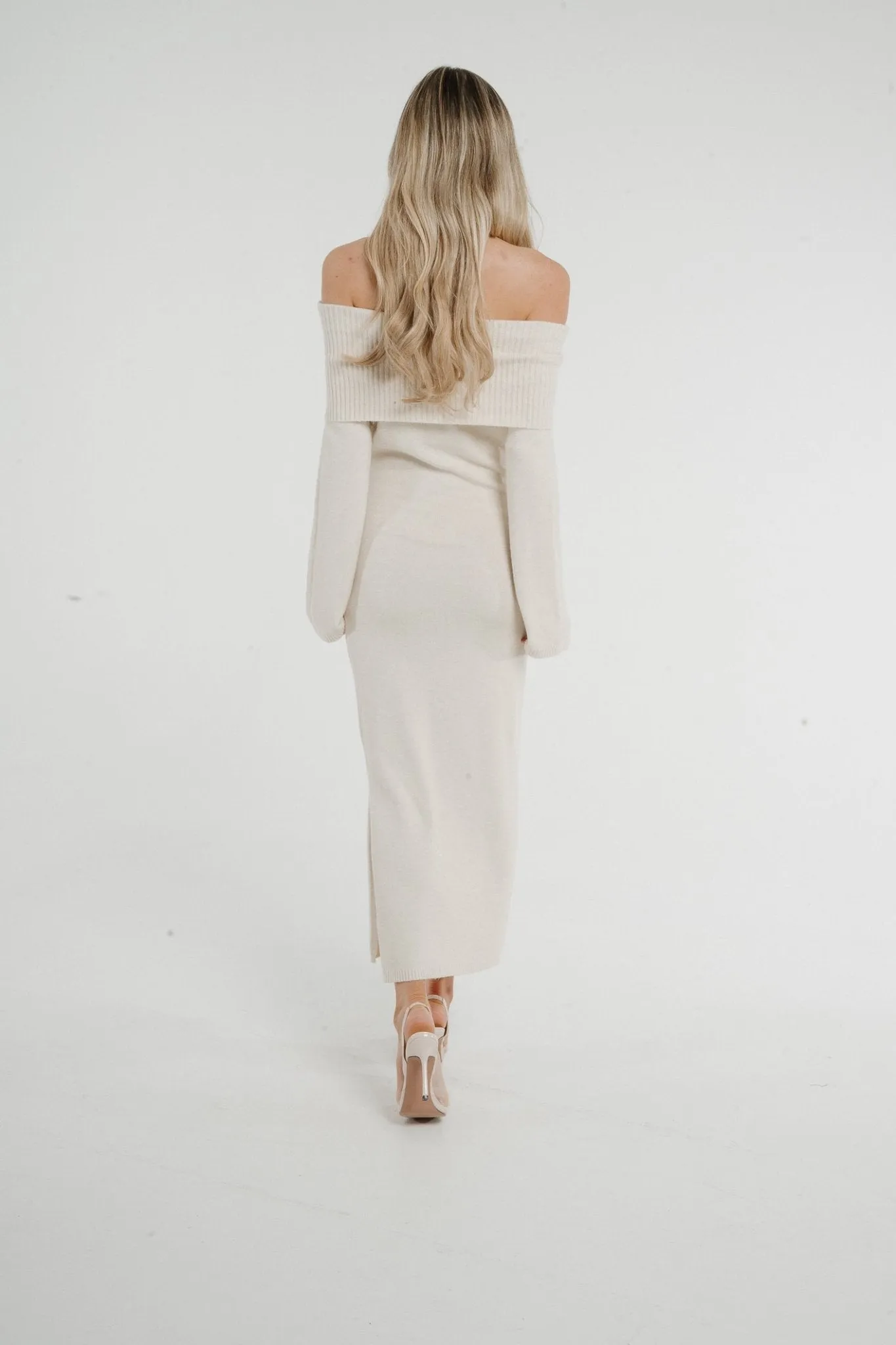 Caitlyn Off Shoulder Knit Dress In Beige