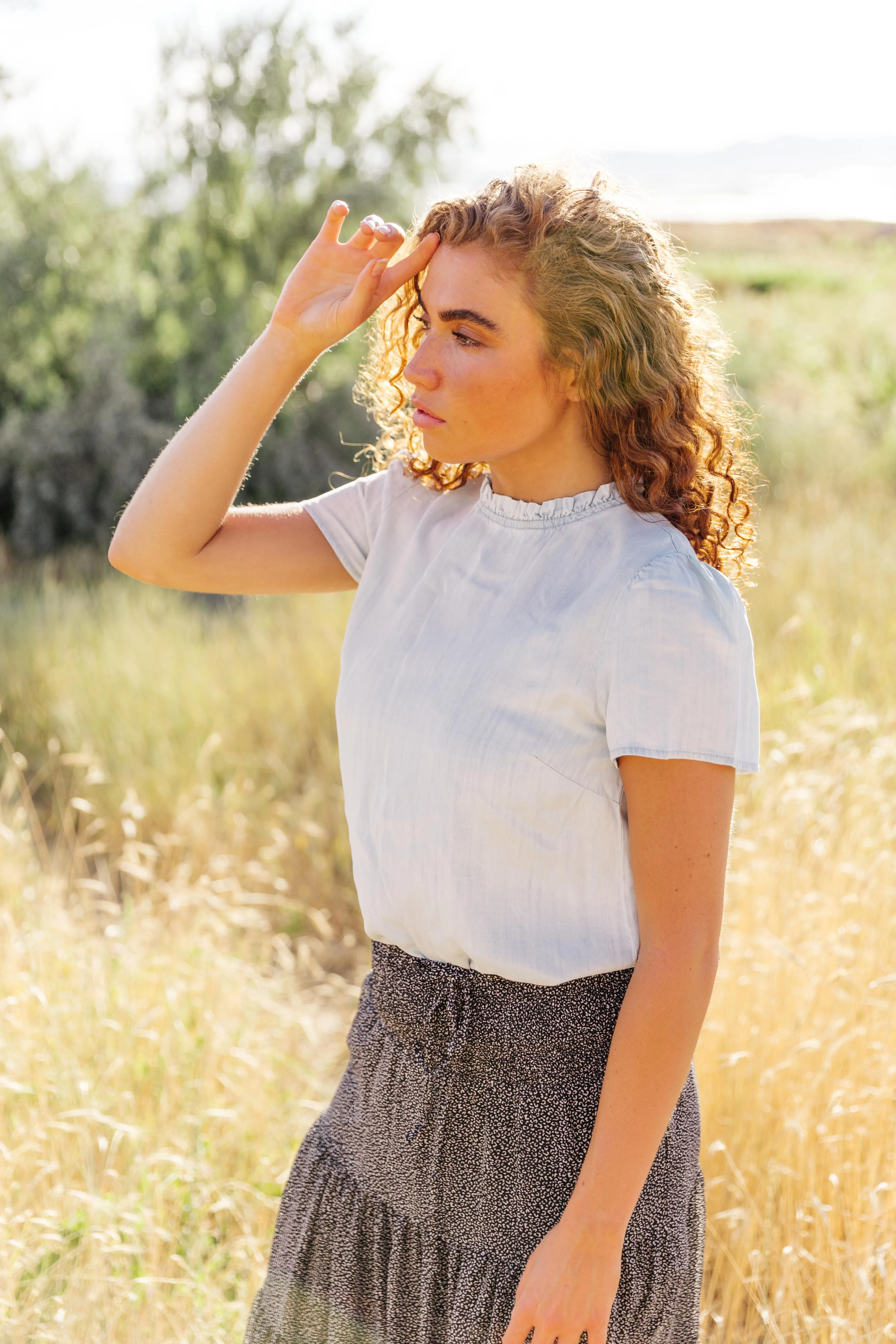 Chambray Ruffle Neck Top