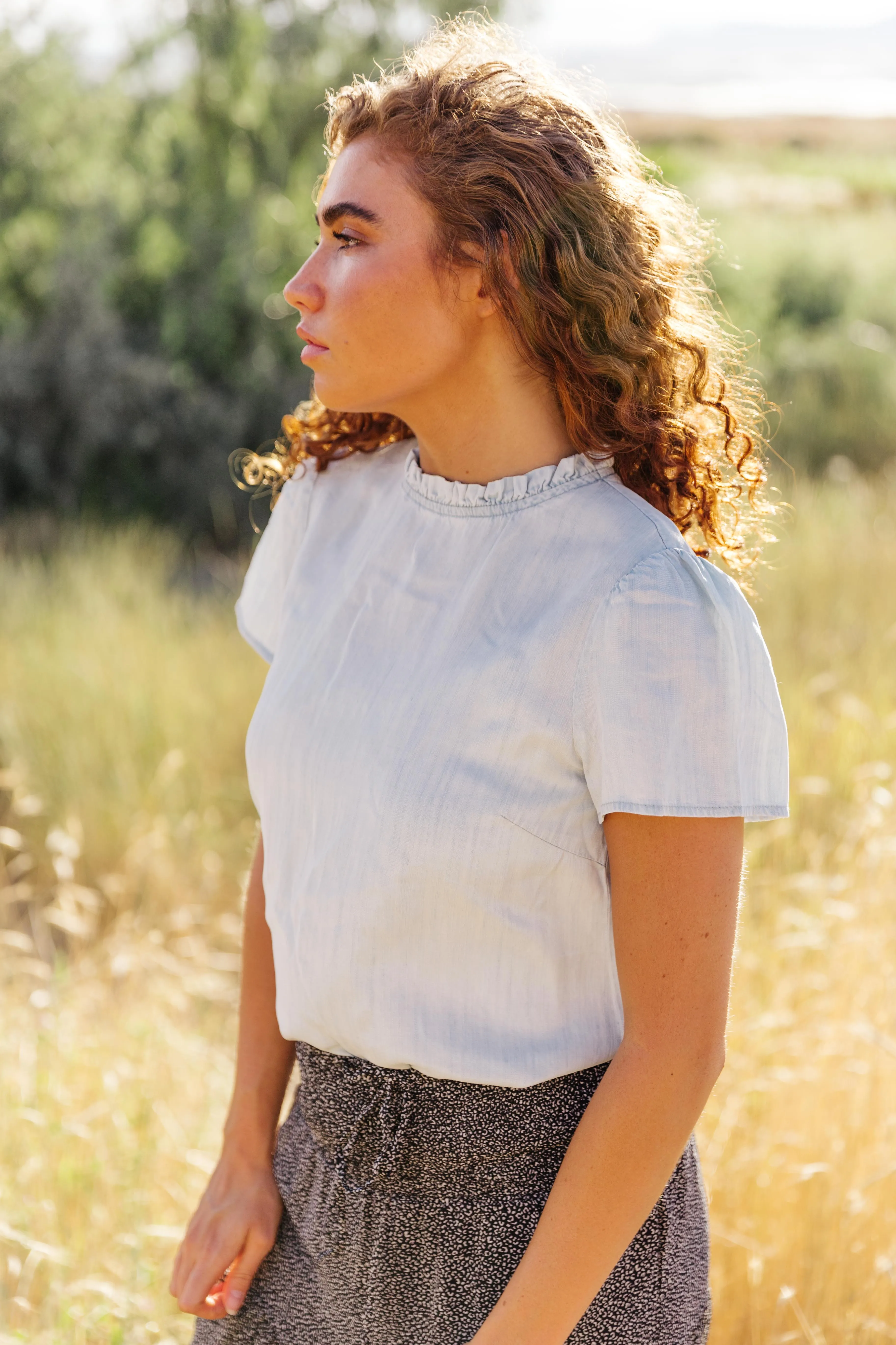 Chambray Ruffle Neck Top