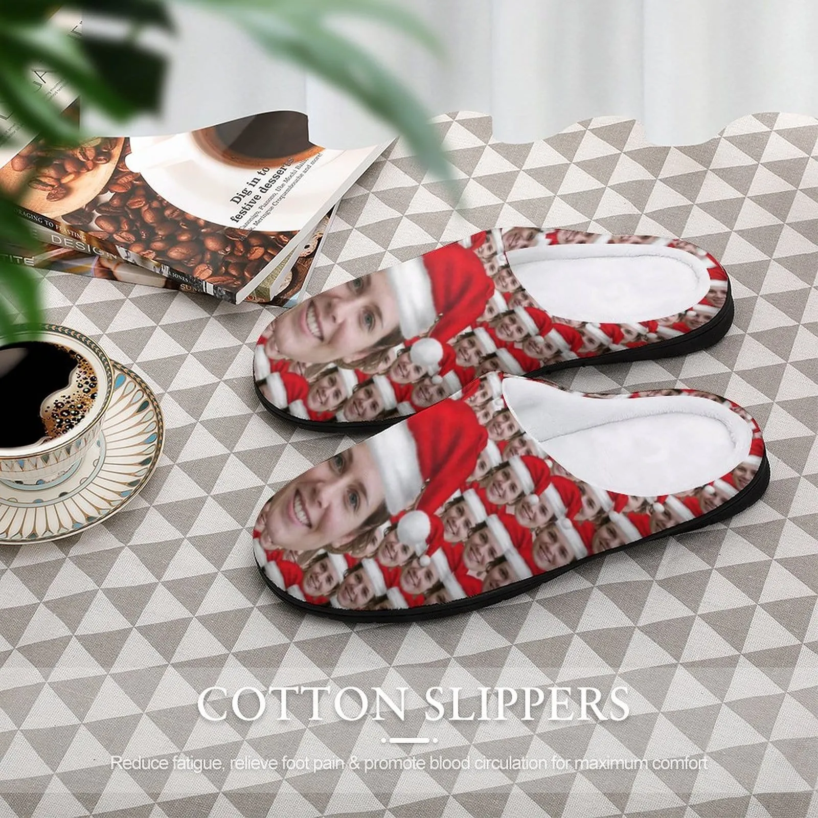 Custom Face Seamless Photo Christmas Hat All Over Print Cotton Slippers For Men Women