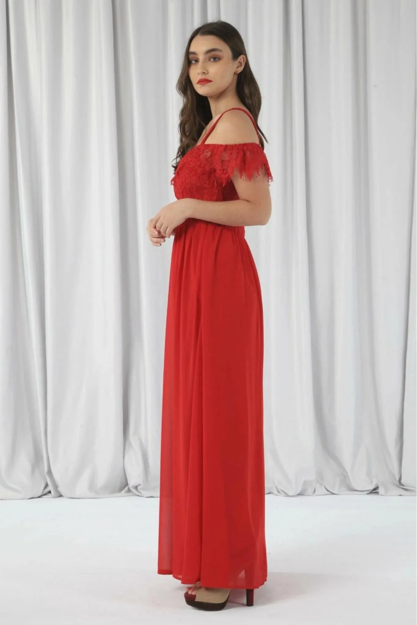 Double Second Red Scallop Edge Off Shoulder Dress