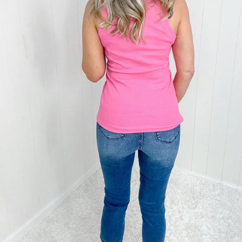 Electric Pink Scoop Neck Ribbed Tank Top