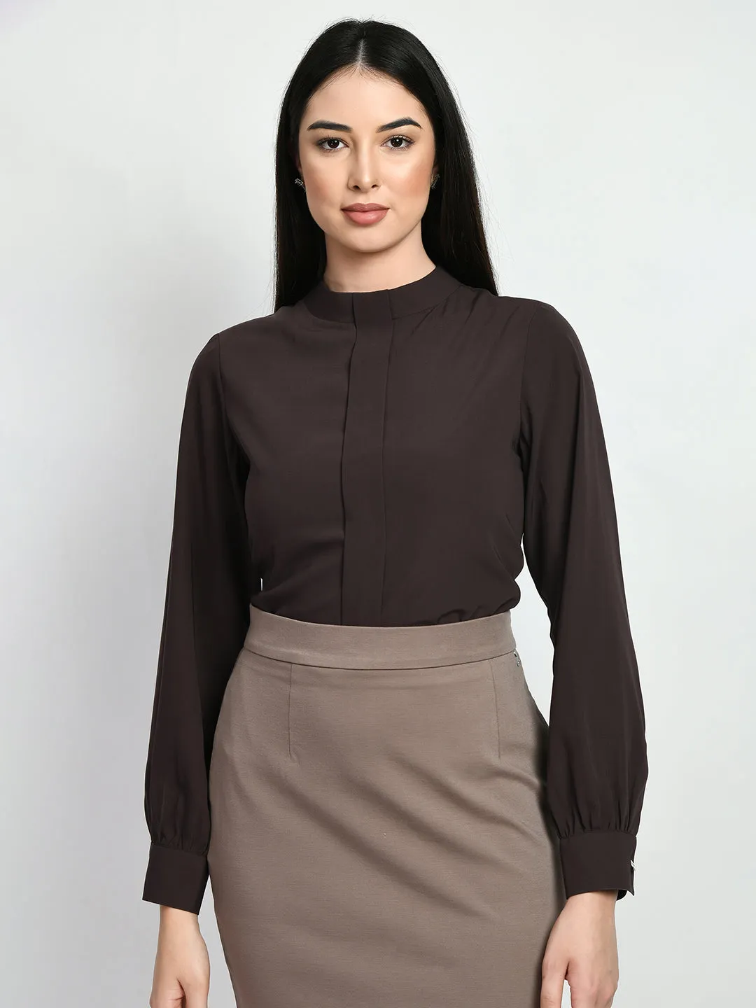 Exude Foresight High Neck Front Pleat Top (Coffee Brown)