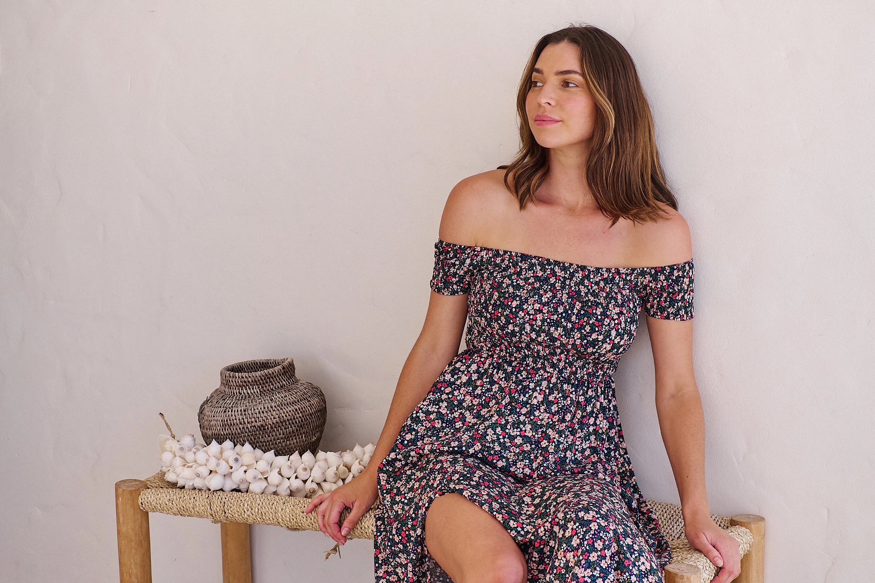 Gigi Shirred off Shoulder Navy Floral Dress