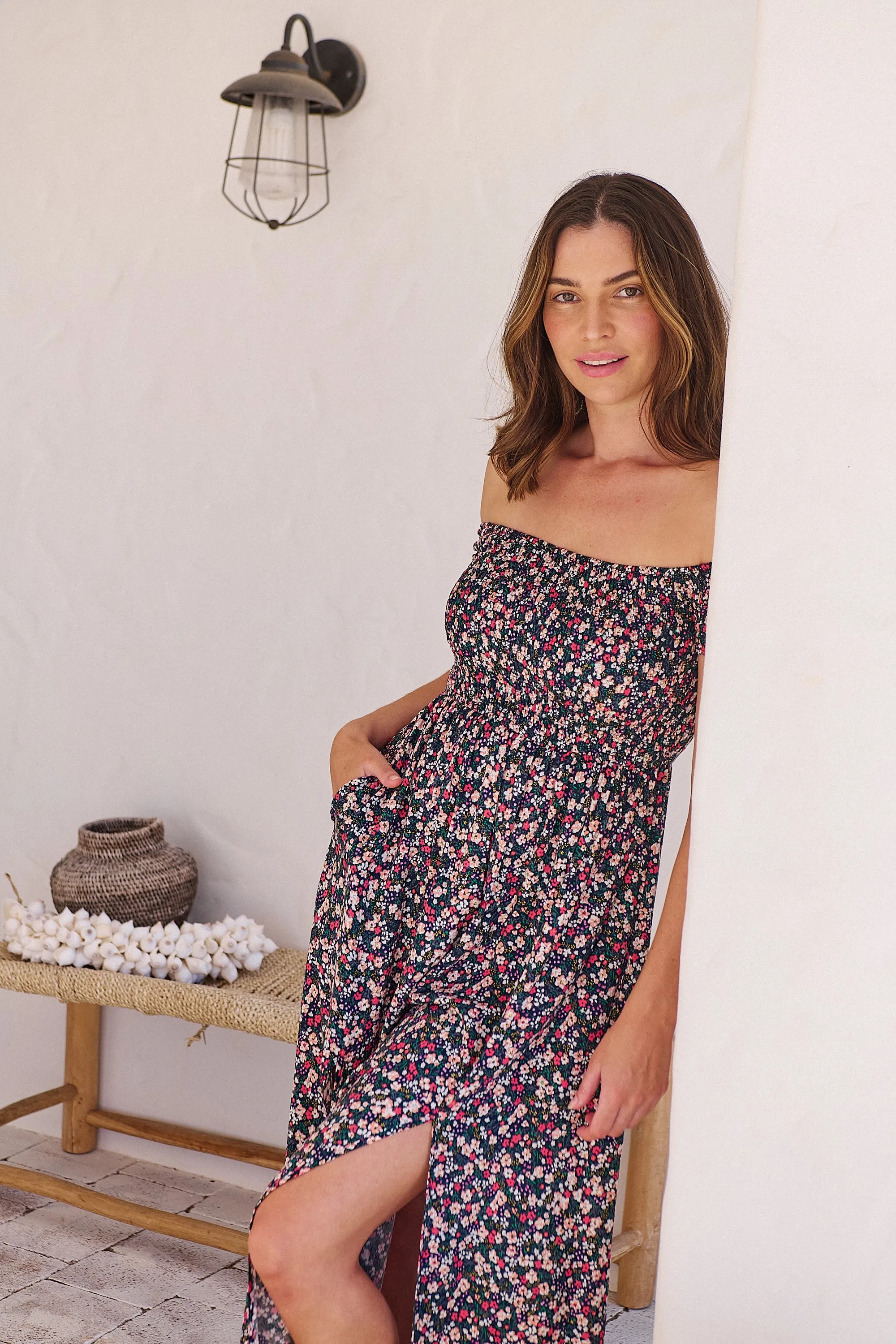 Gigi Shirred off Shoulder Navy Floral Dress