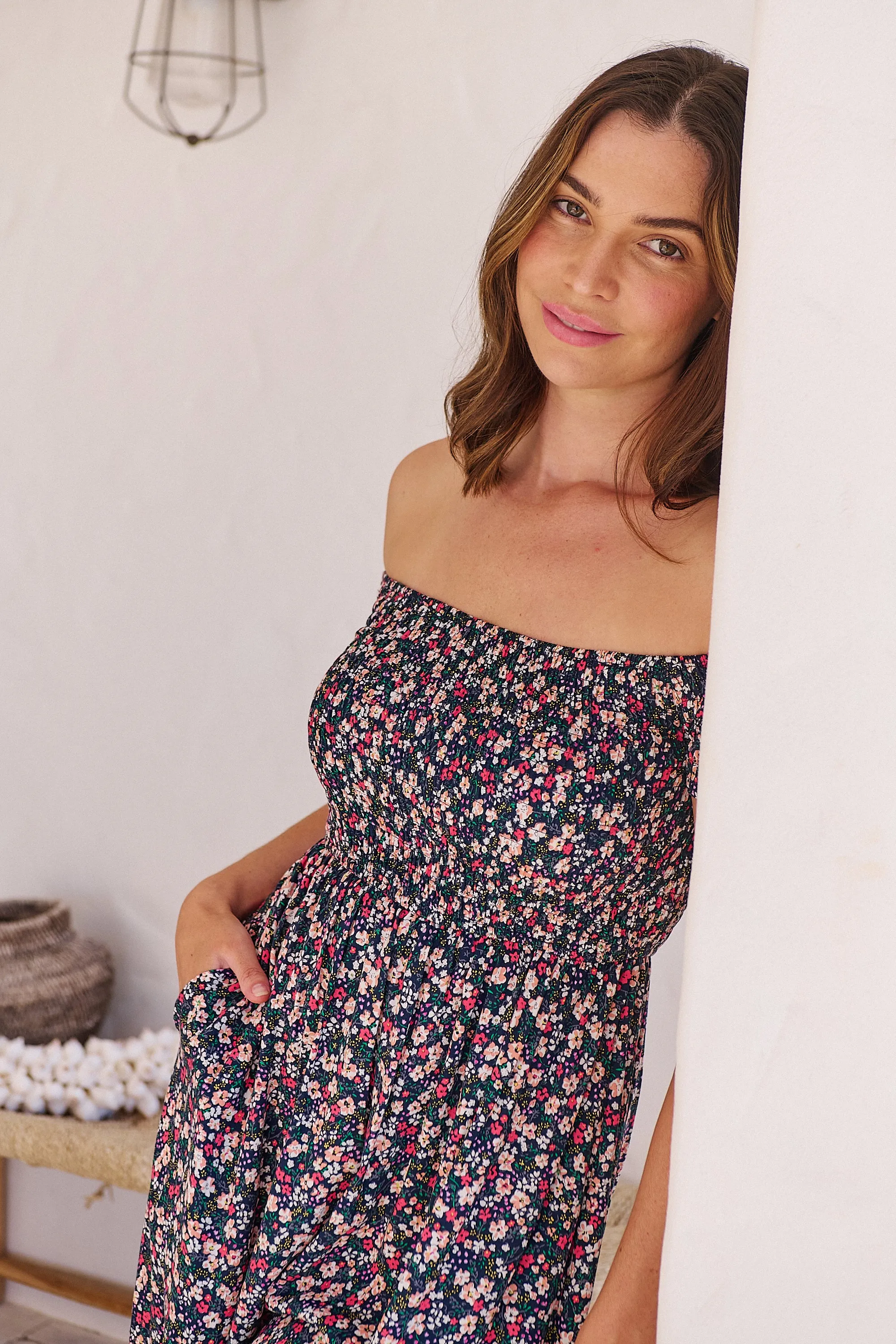 Gigi Shirred off Shoulder Navy Floral Dress