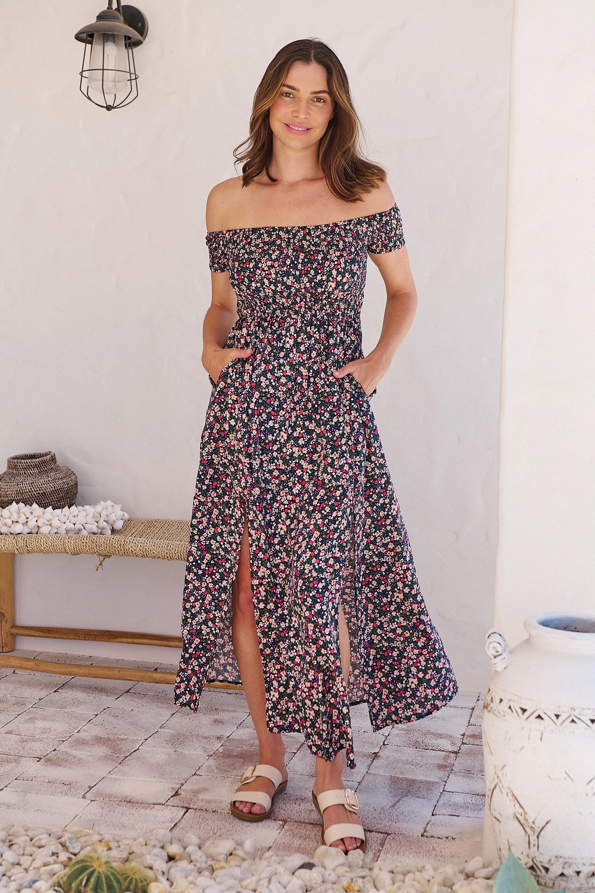 Gigi Shirred off Shoulder Navy Floral Dress