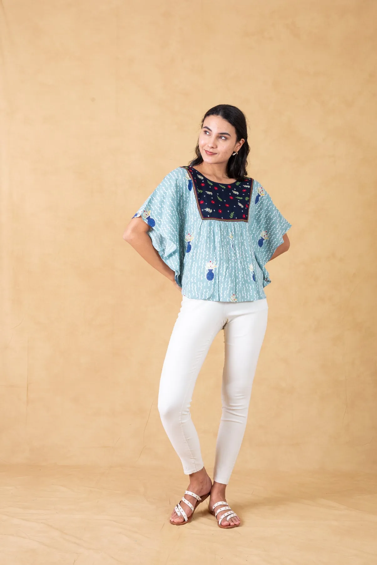 Grey Printed Kaftan Top With Embroidery