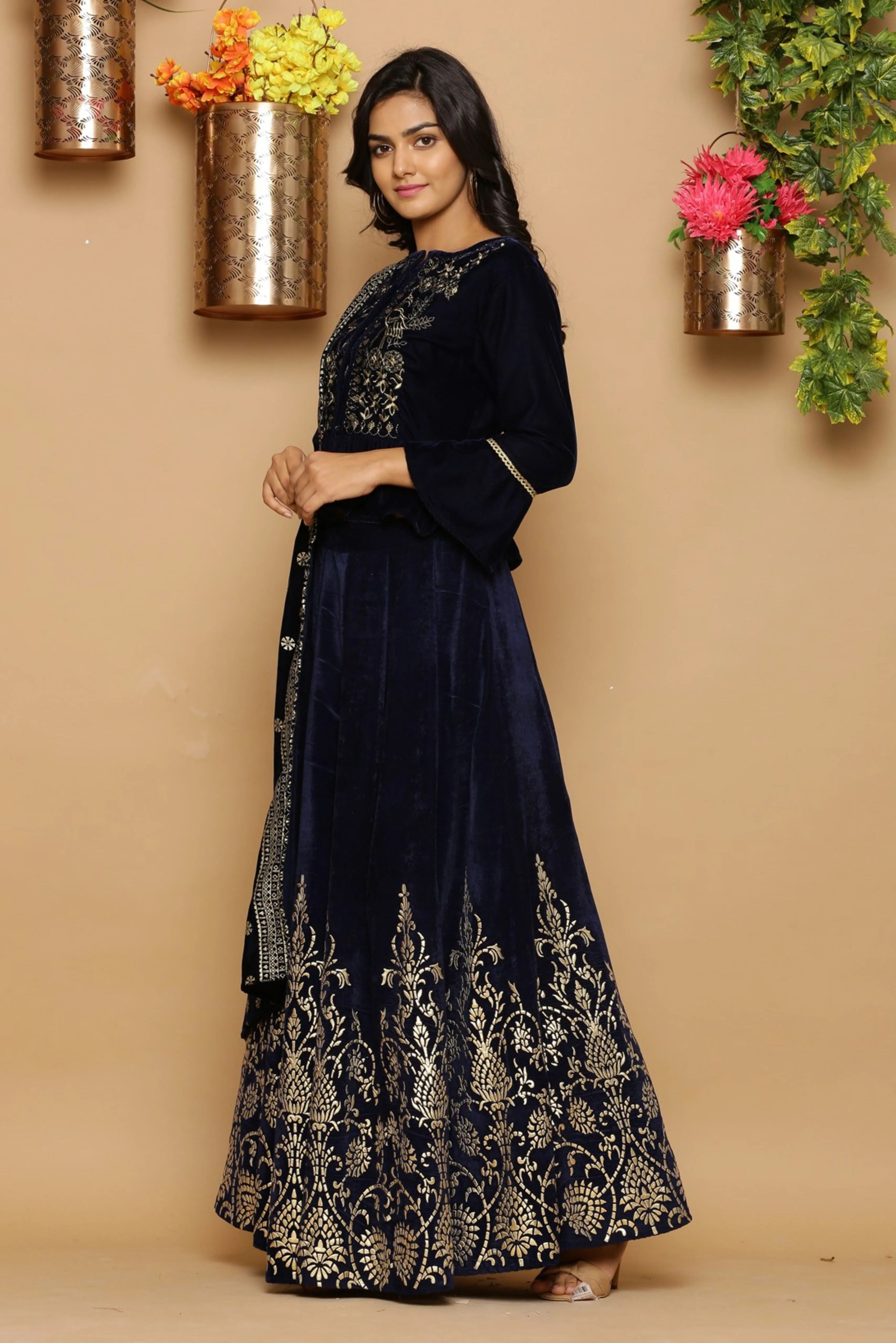 Juniper Navy Blue Velvet Ethnic Motif Printed Lehenga Choli & Dupatta Set