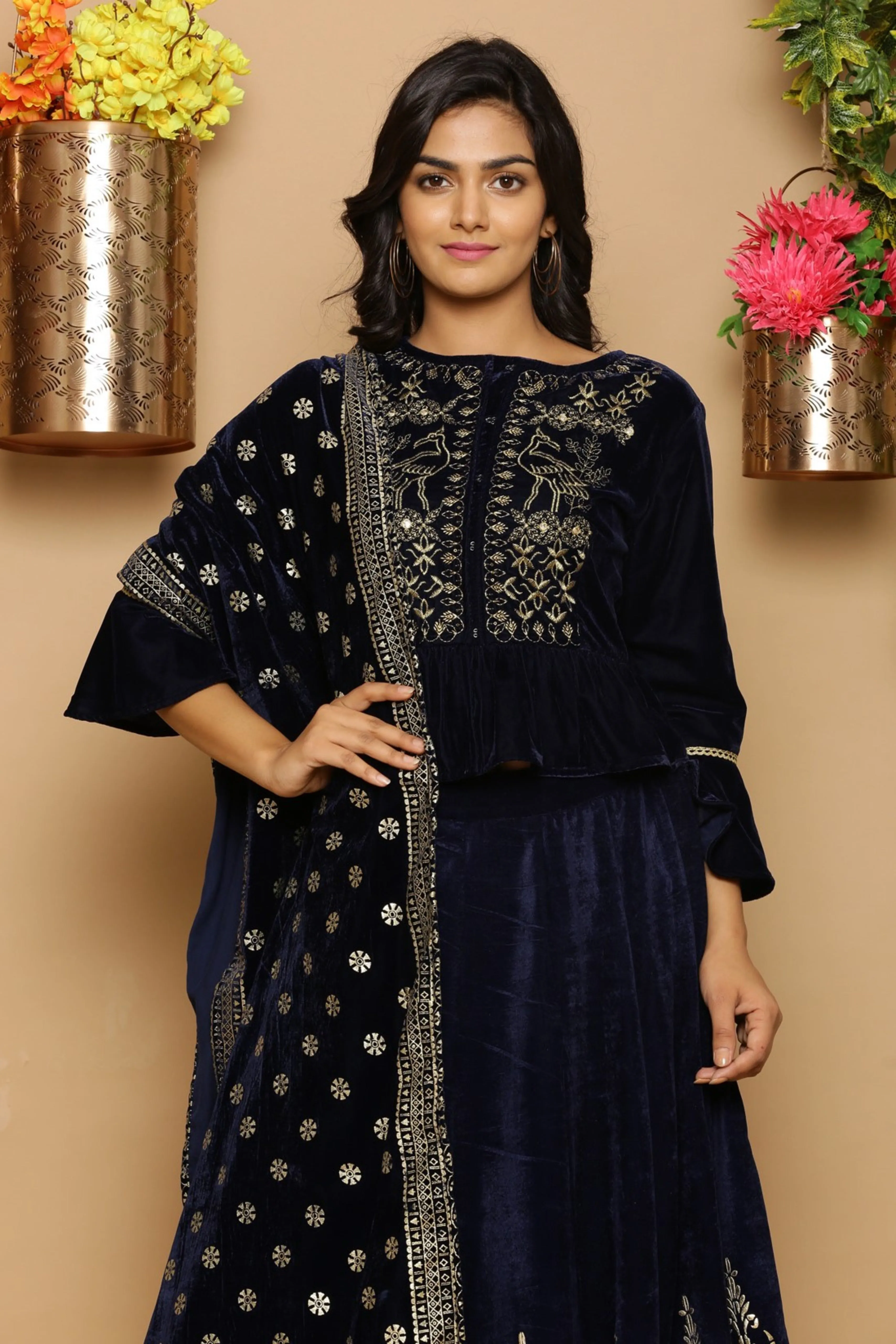 Juniper Navy Blue Velvet Ethnic Motif Printed Lehenga Choli & Dupatta Set