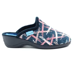 Ladies Bedroom Slippers Mule Wedge Heel Slip on Navy/Pink Lunar Erin