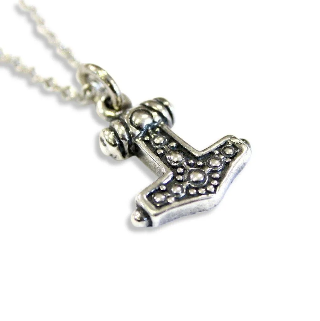 Ladies Mjolnir Necklace Solid Sterling Silver Thors Hammer in Solid Sterling Silver Hobnail Design