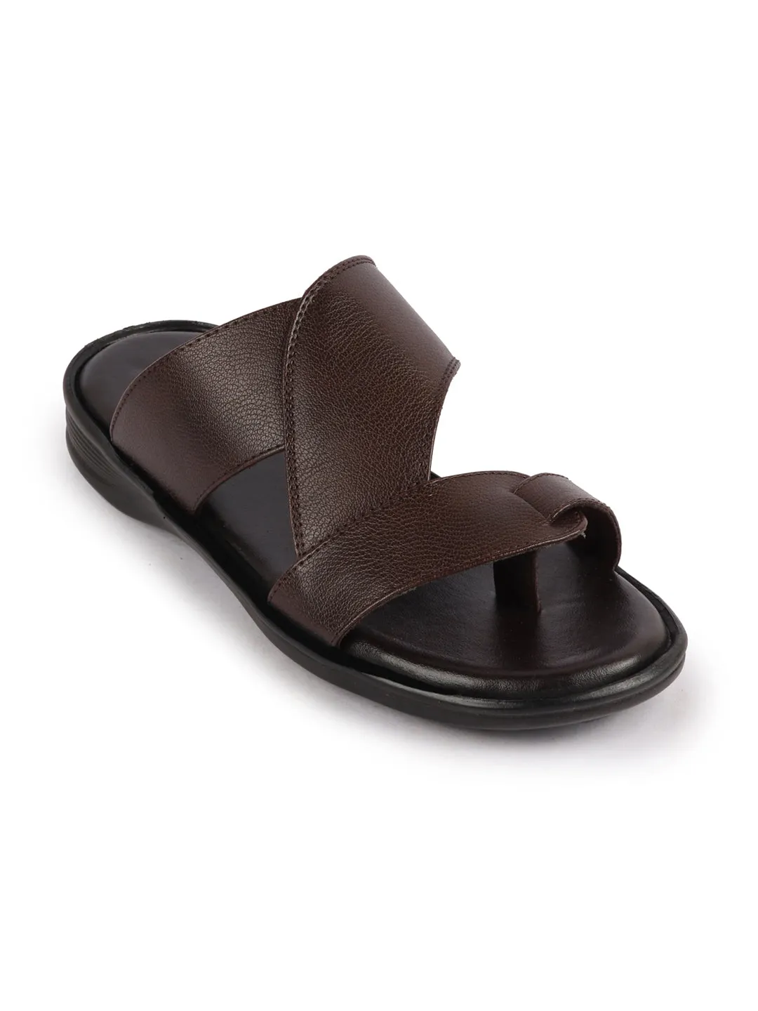 Men Brown Daily Indoor Outdoor Multi Strap Toe Ring Slip On Slipper