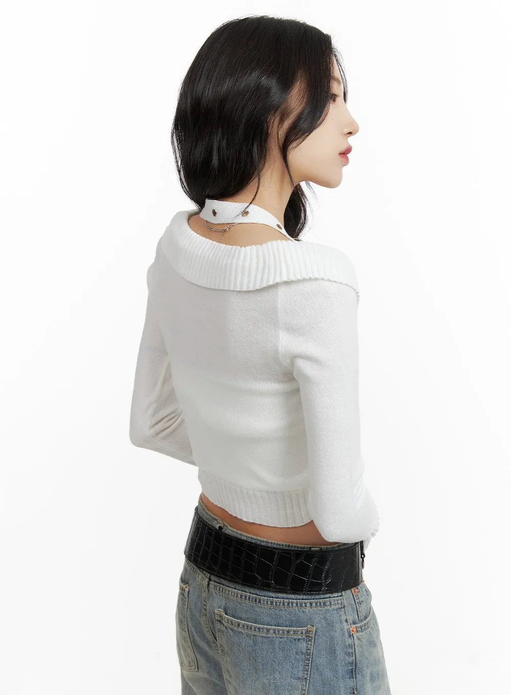 Off Shoulder Buckle Halter Crop Sweater CF415