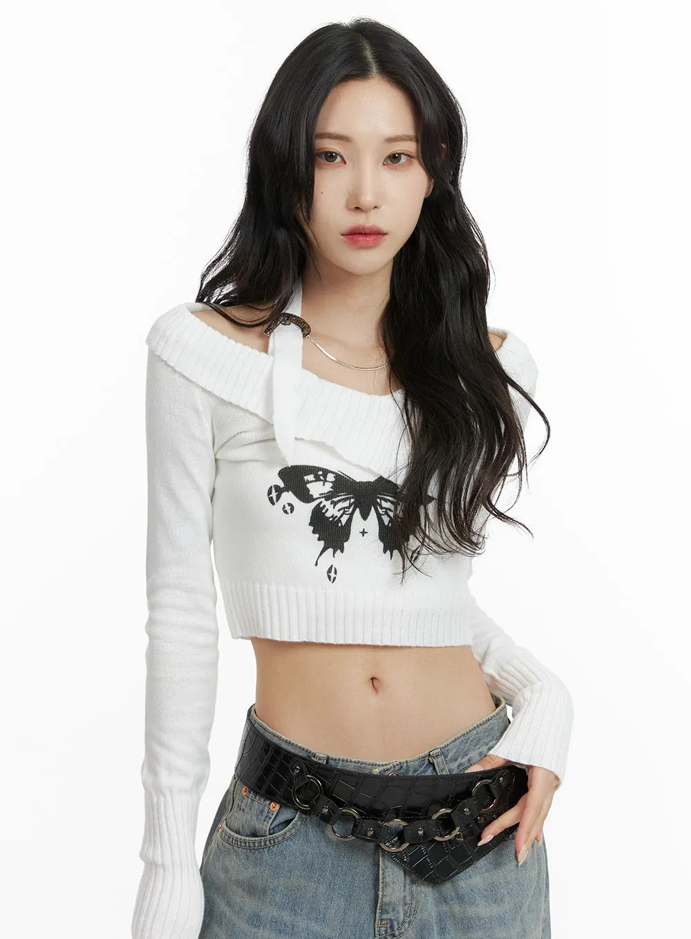 Off Shoulder Buckle Halter Crop Sweater CF415