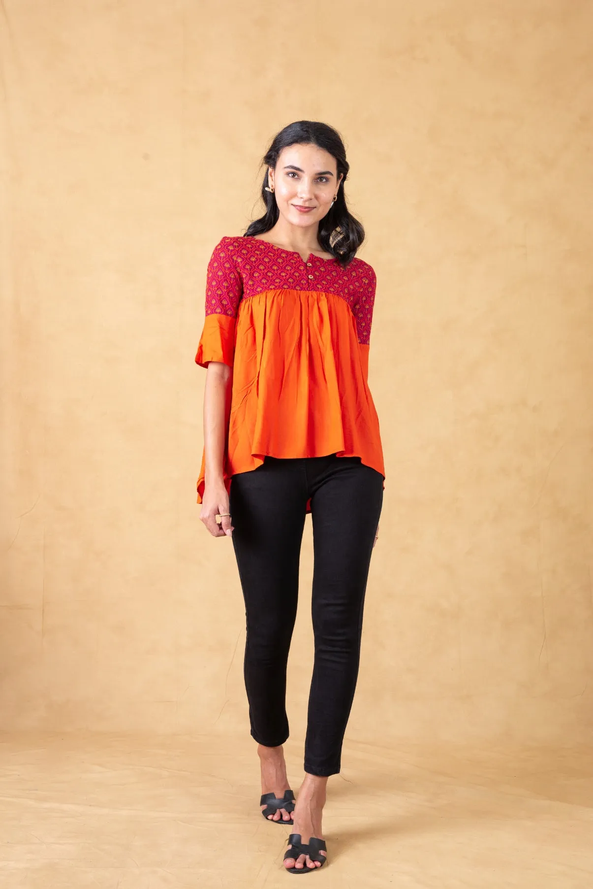 Orange Color Block Gathered Top With Embroidery