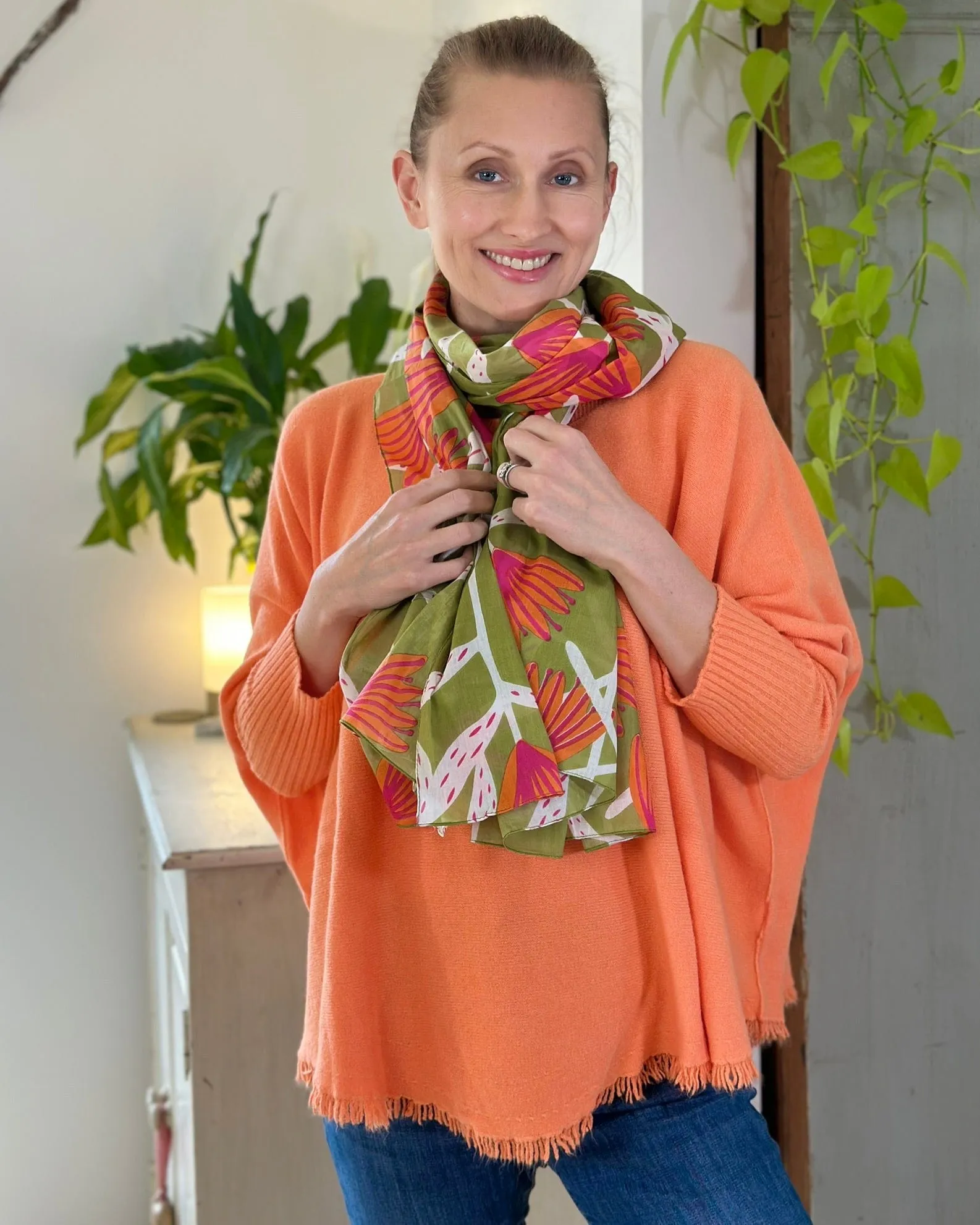 Organic Cotton Flower Print Scarf - Orange/Green