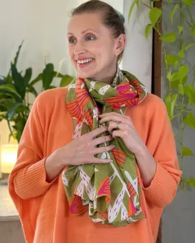 Organic Cotton Flower Print Scarf - Orange/Green