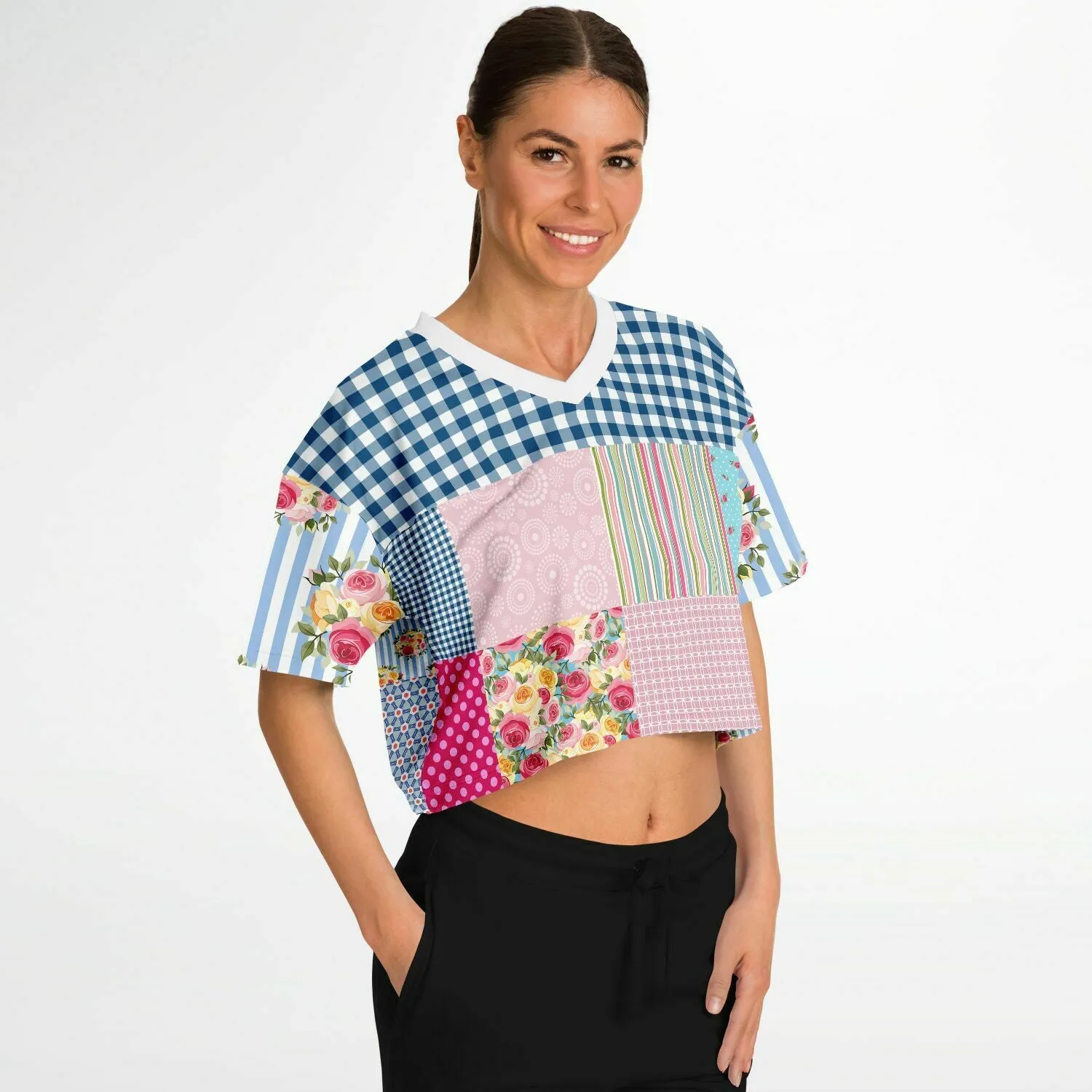 Pink Sherbert Floral Patchwork Plaid Crop Jersey