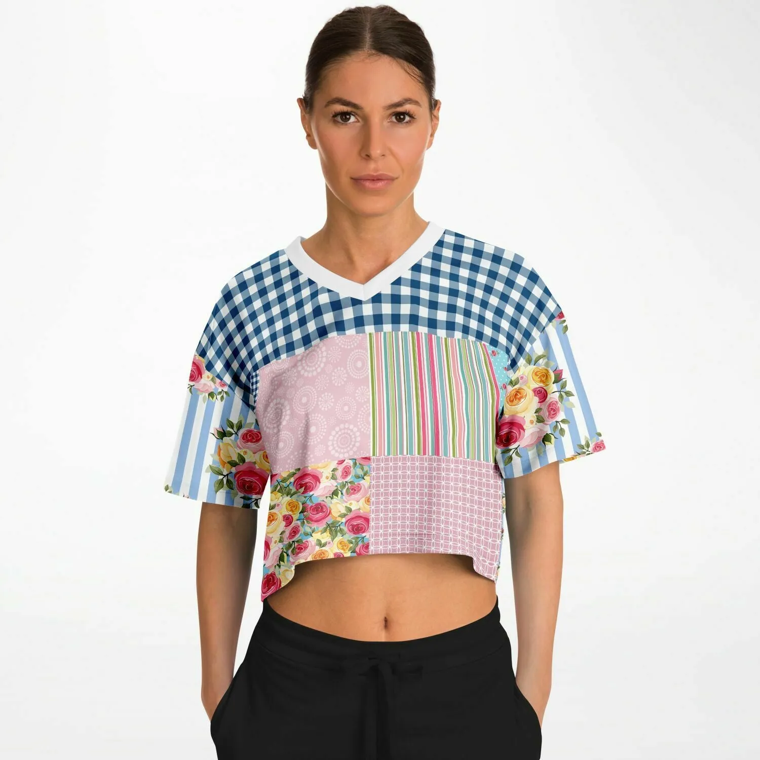 Pink Sherbert Floral Patchwork Plaid Crop Jersey