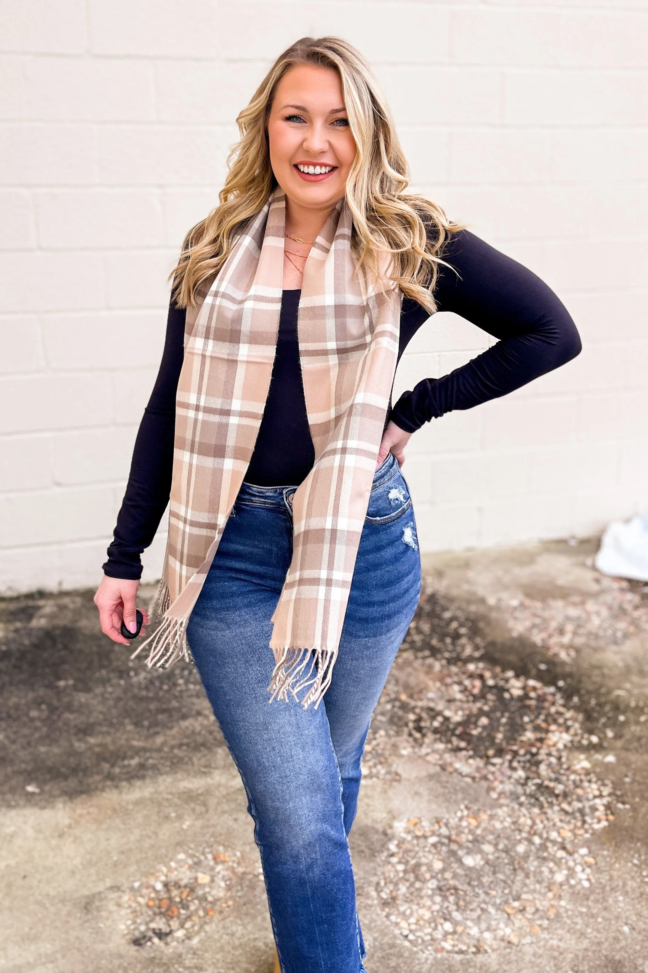 Plaid Ultra Soft Scarf With Fringe, Beige