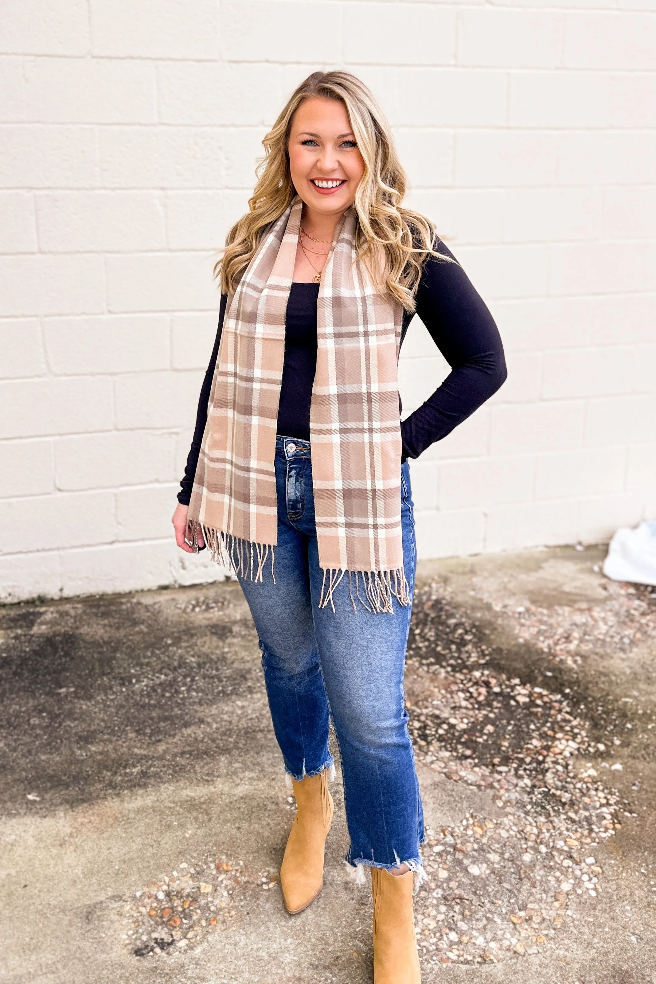 Plaid Ultra Soft Scarf With Fringe, Beige