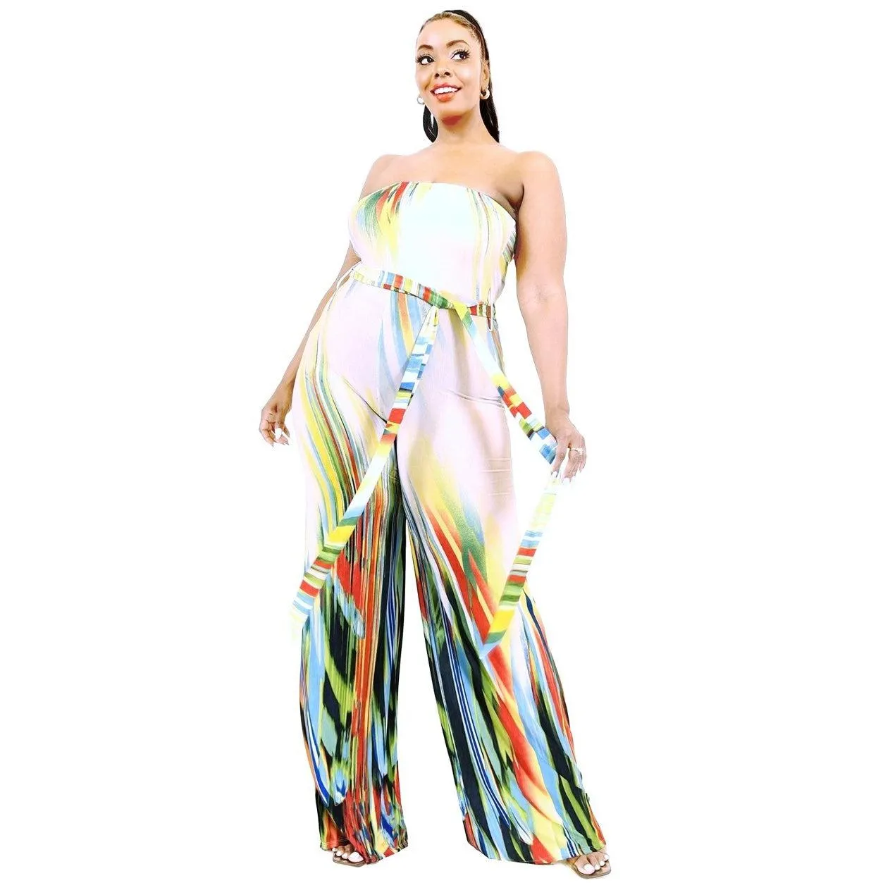 Plus Off Shoulder Color Brushed Tie Waist Jumpsuit