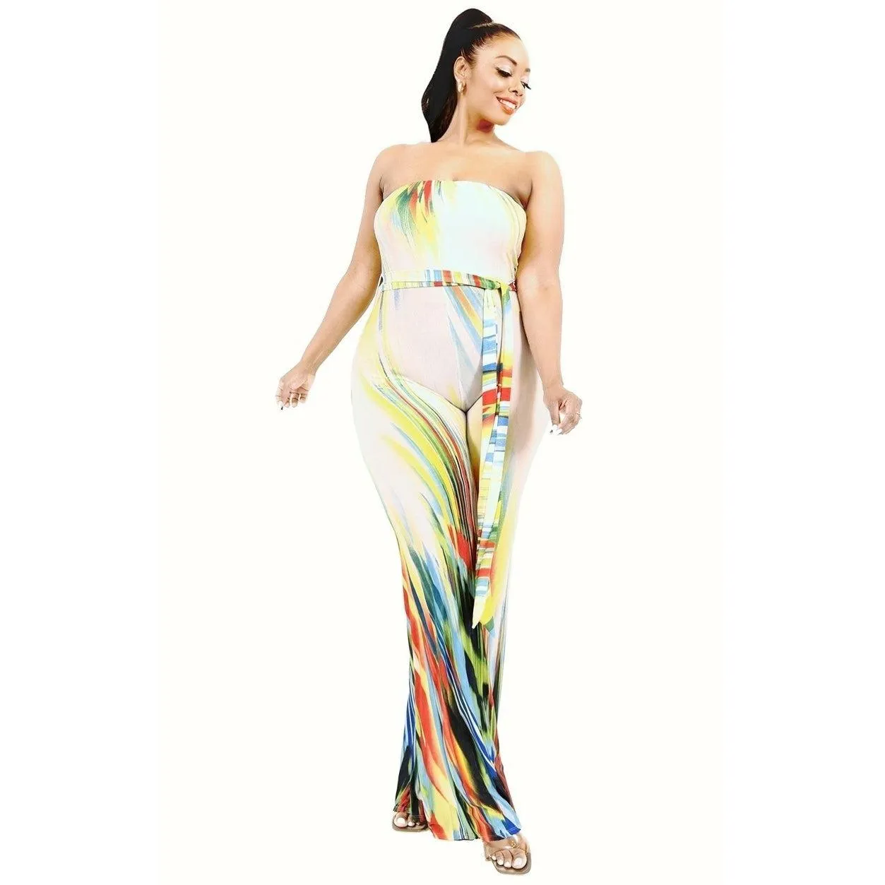 Plus Off Shoulder Color Brushed Tie Waist Jumpsuit