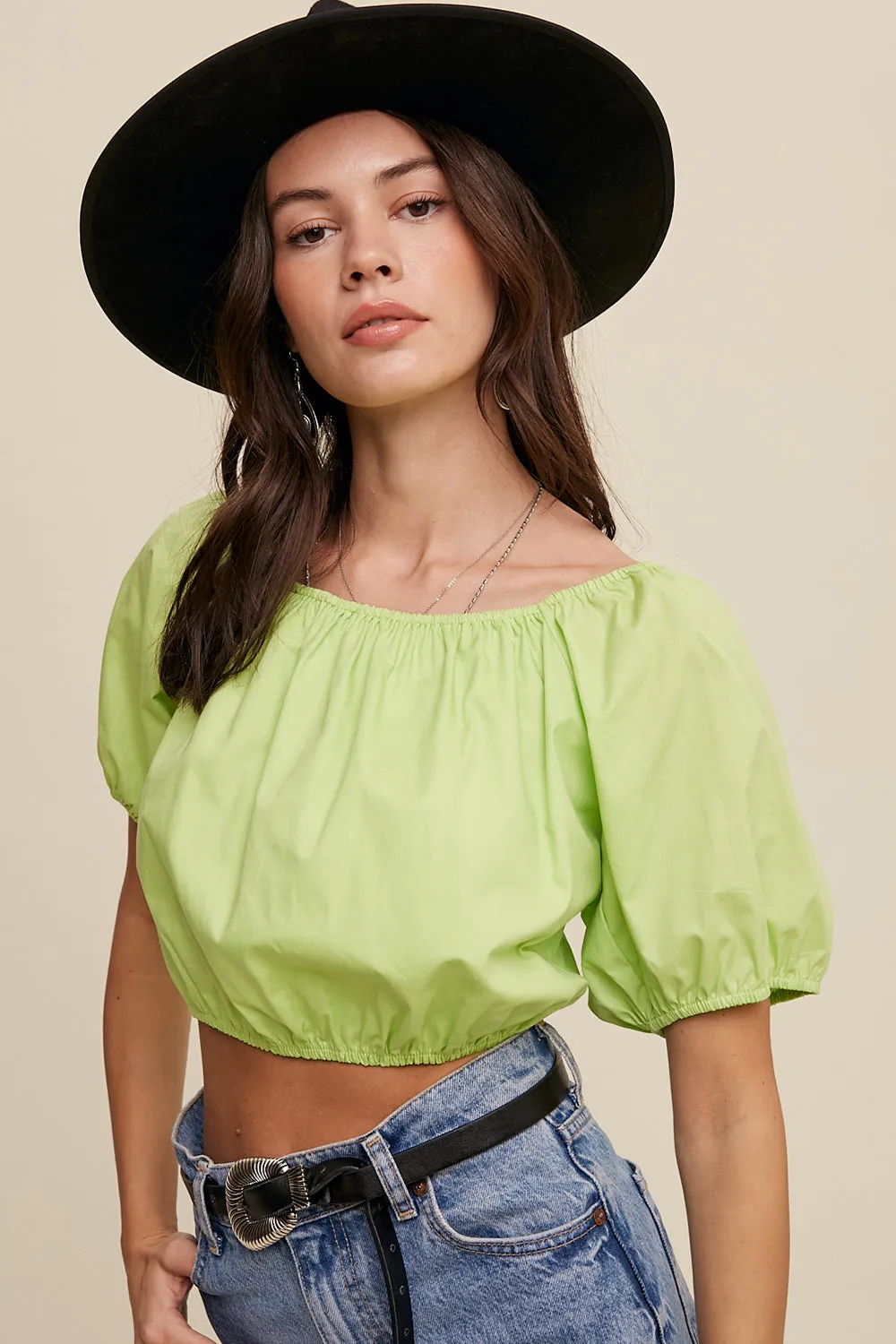 Puff Sleeve Back Tie Crop Top