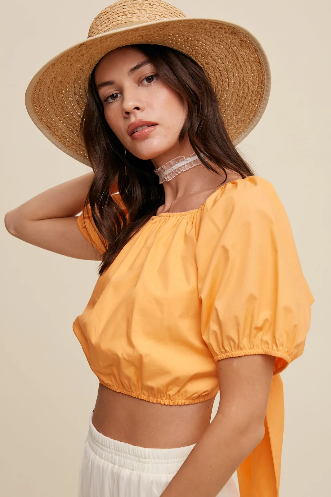 Puff Sleeve Back Tie Crop Top