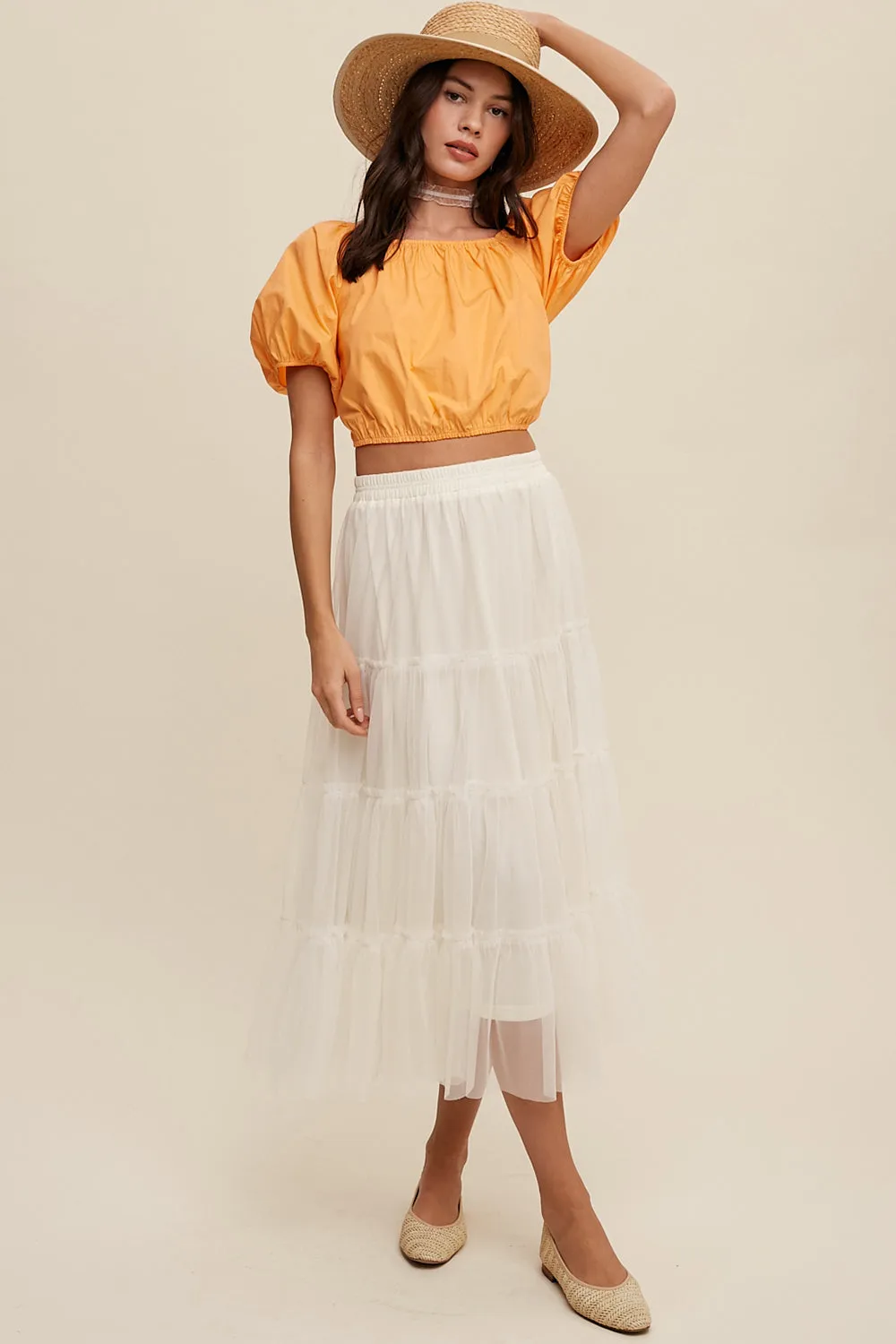 Puff Sleeve Back Tie Crop Top