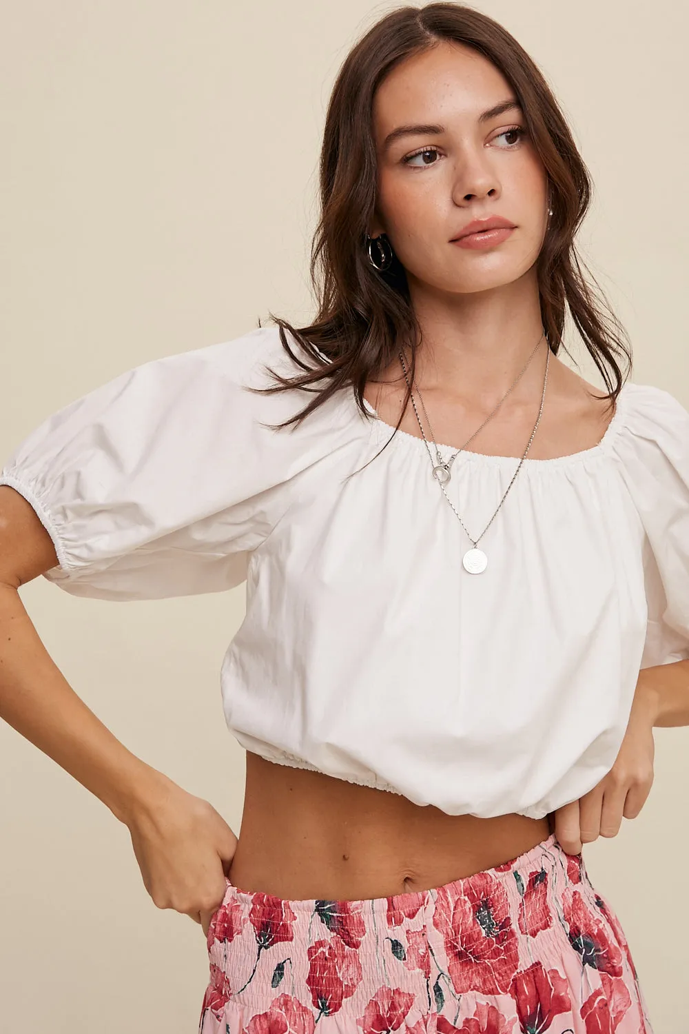 Puff Sleeve Back Tie Crop Top