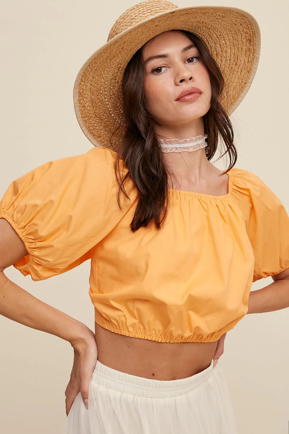 Puff Sleeve Back Tie Crop Top