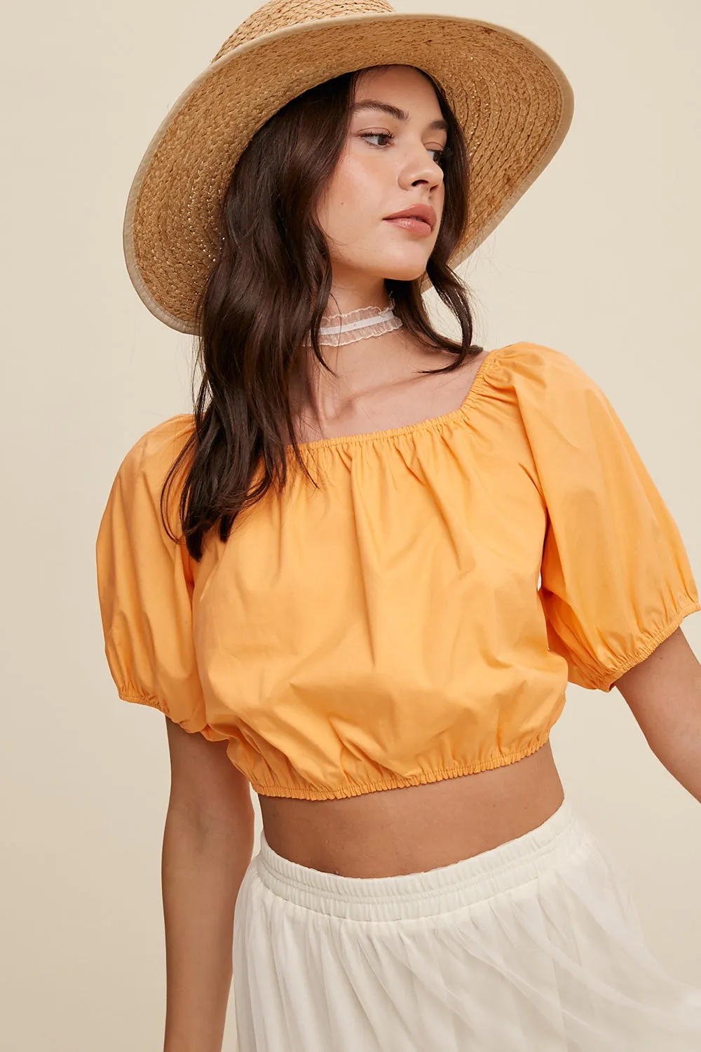 Puff Sleeve Back Tie Crop Top