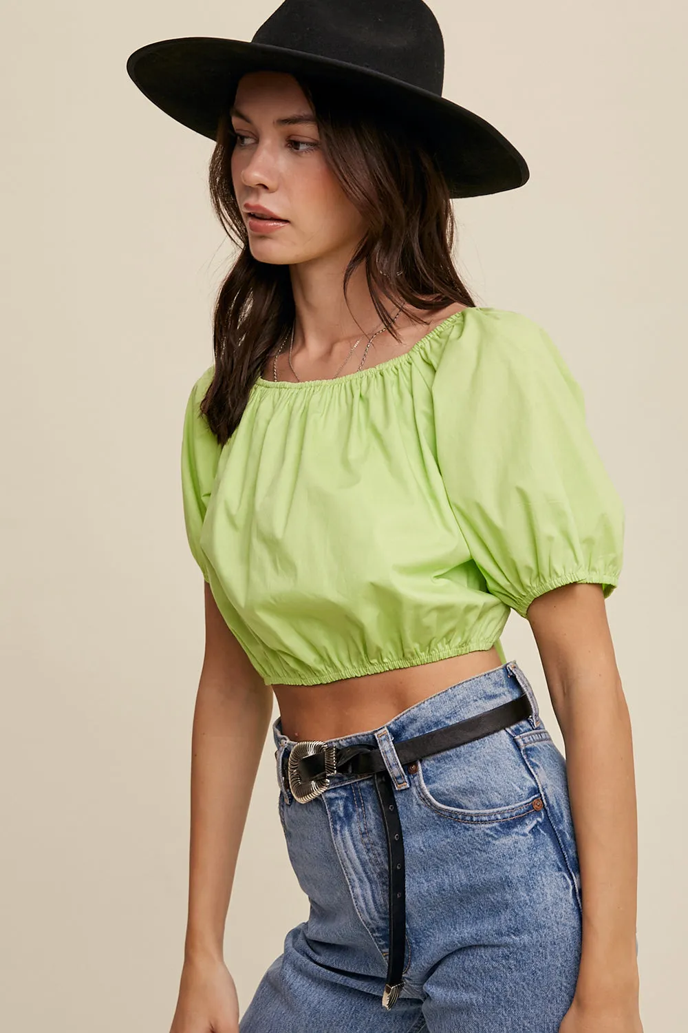 Puff Sleeve Back Tie Crop Top