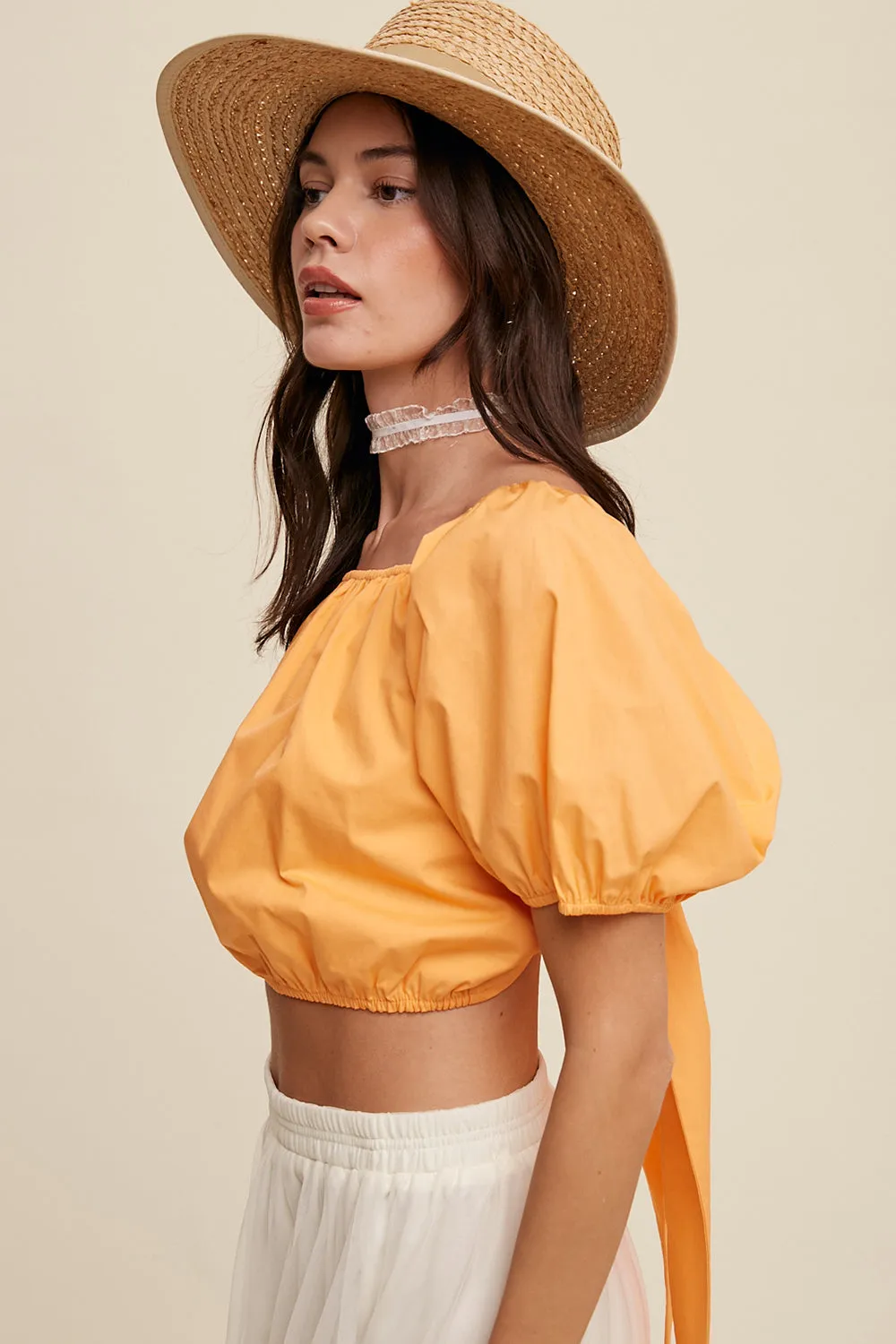 Puff Sleeve Back Tie Crop Top