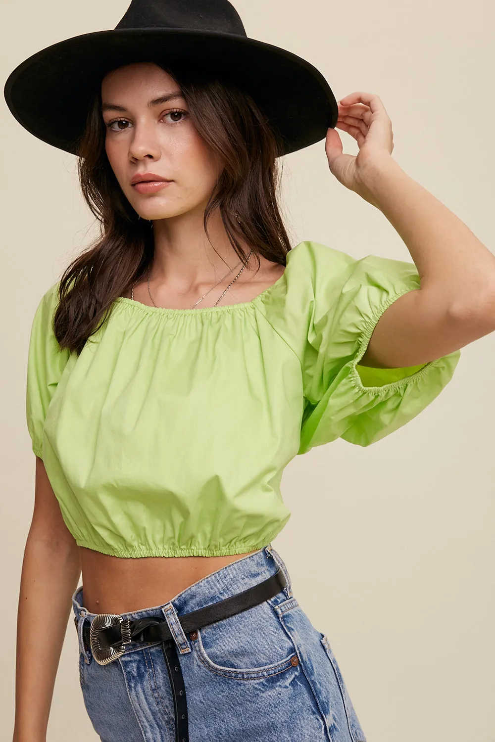 Puff Sleeve Back Tie Crop Top