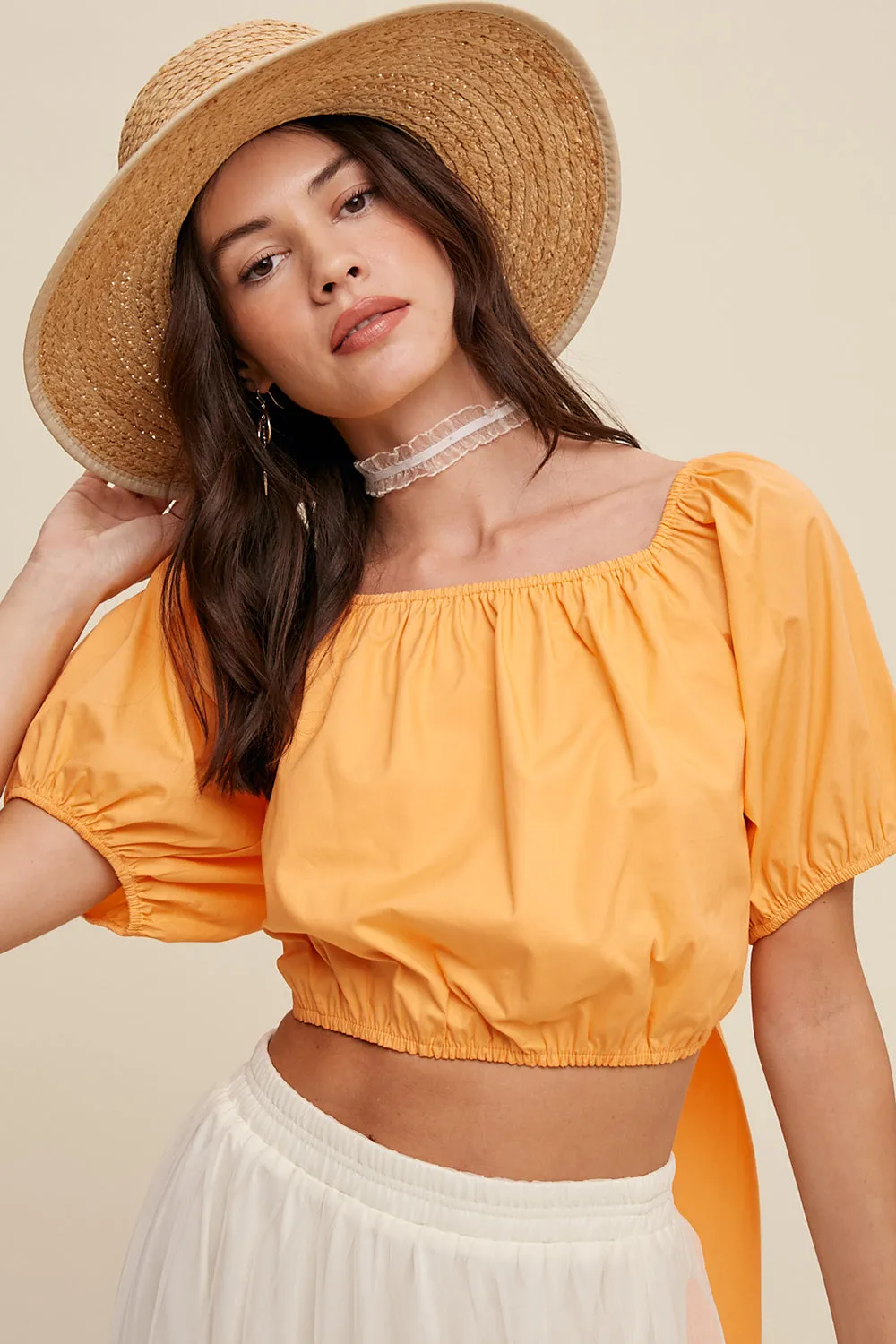 Puff Sleeve Back Tie Crop Top