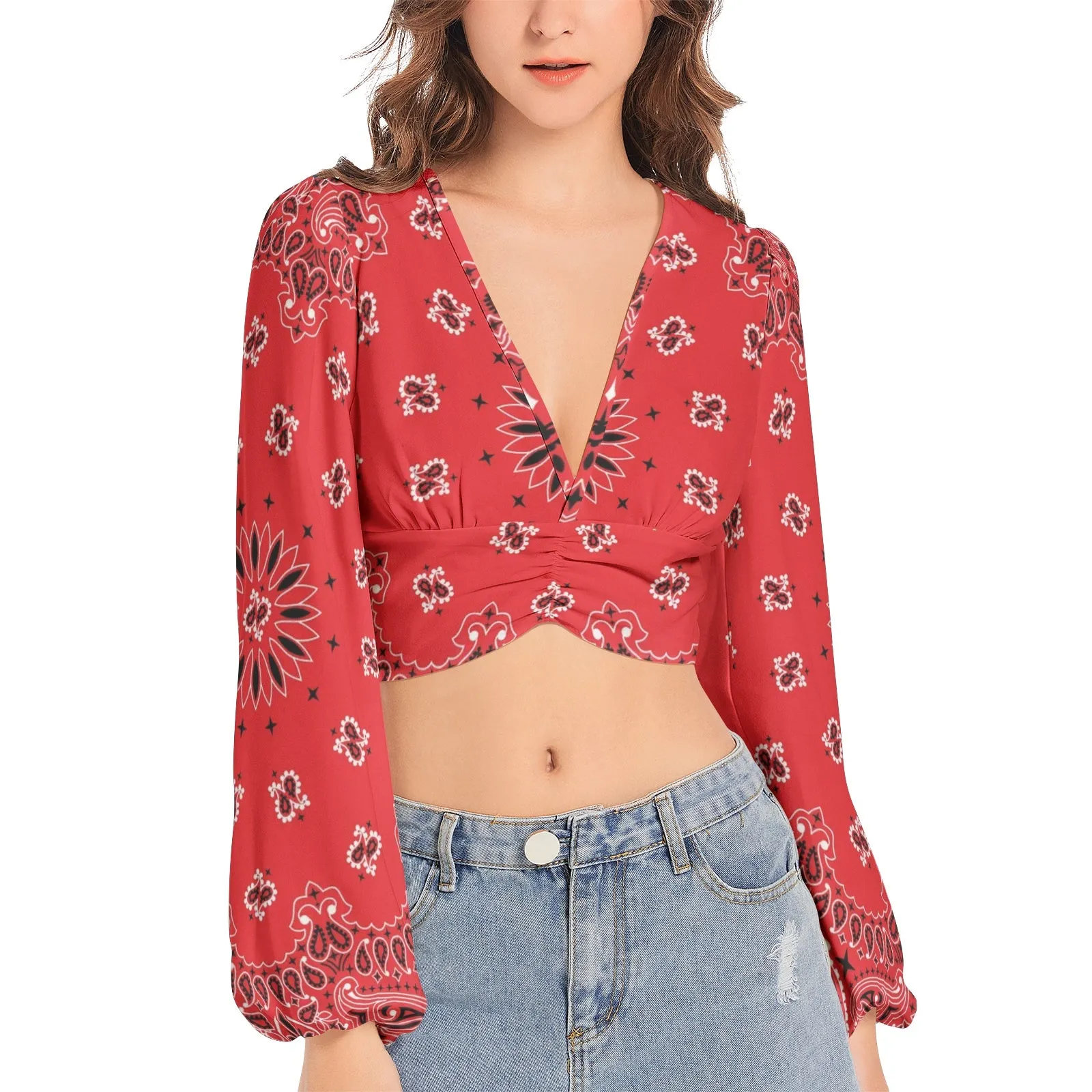 Red Bandana Women's Deep V-Neck Lantern Sleeve Crop Top