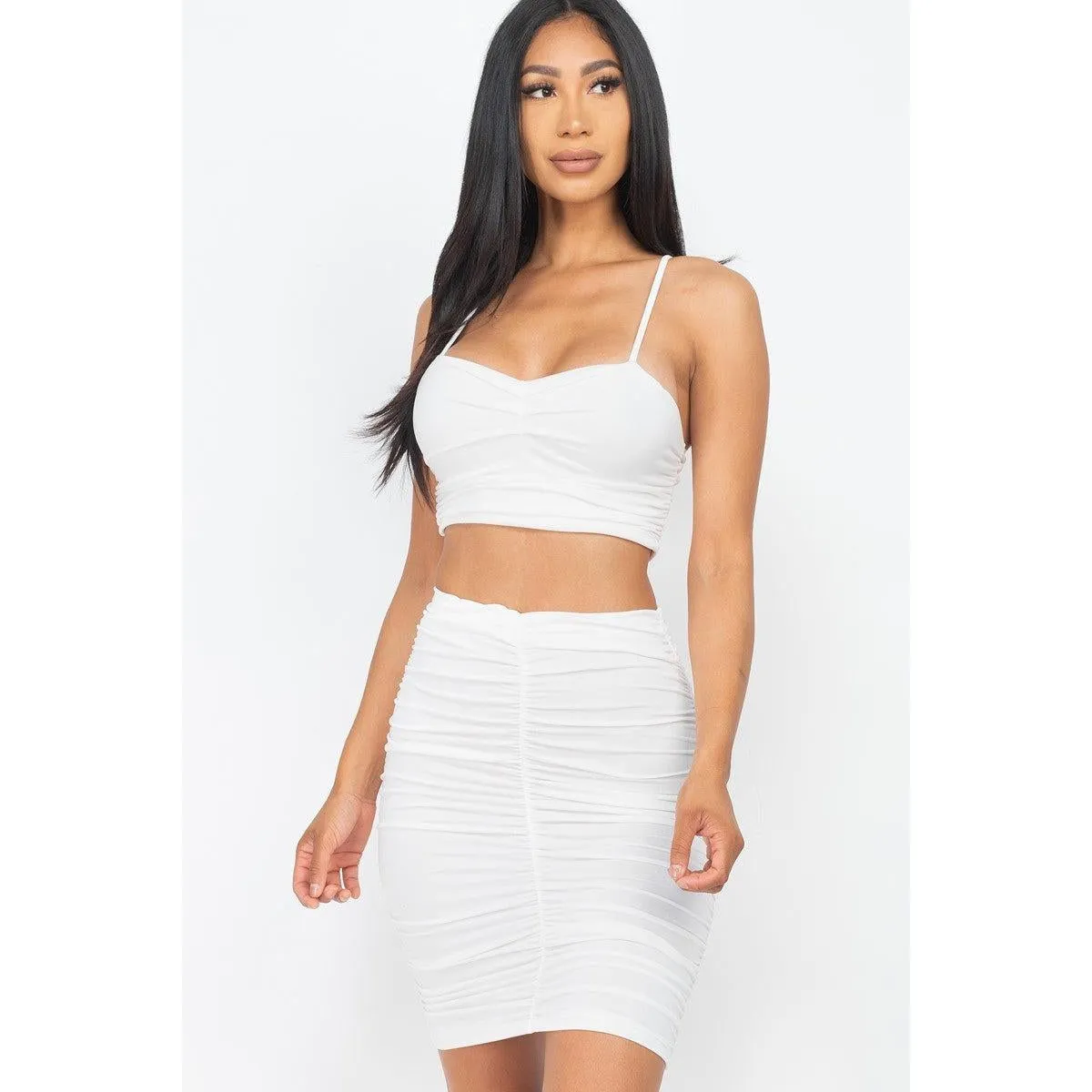 Ruched Crop Top And Skirt Sets