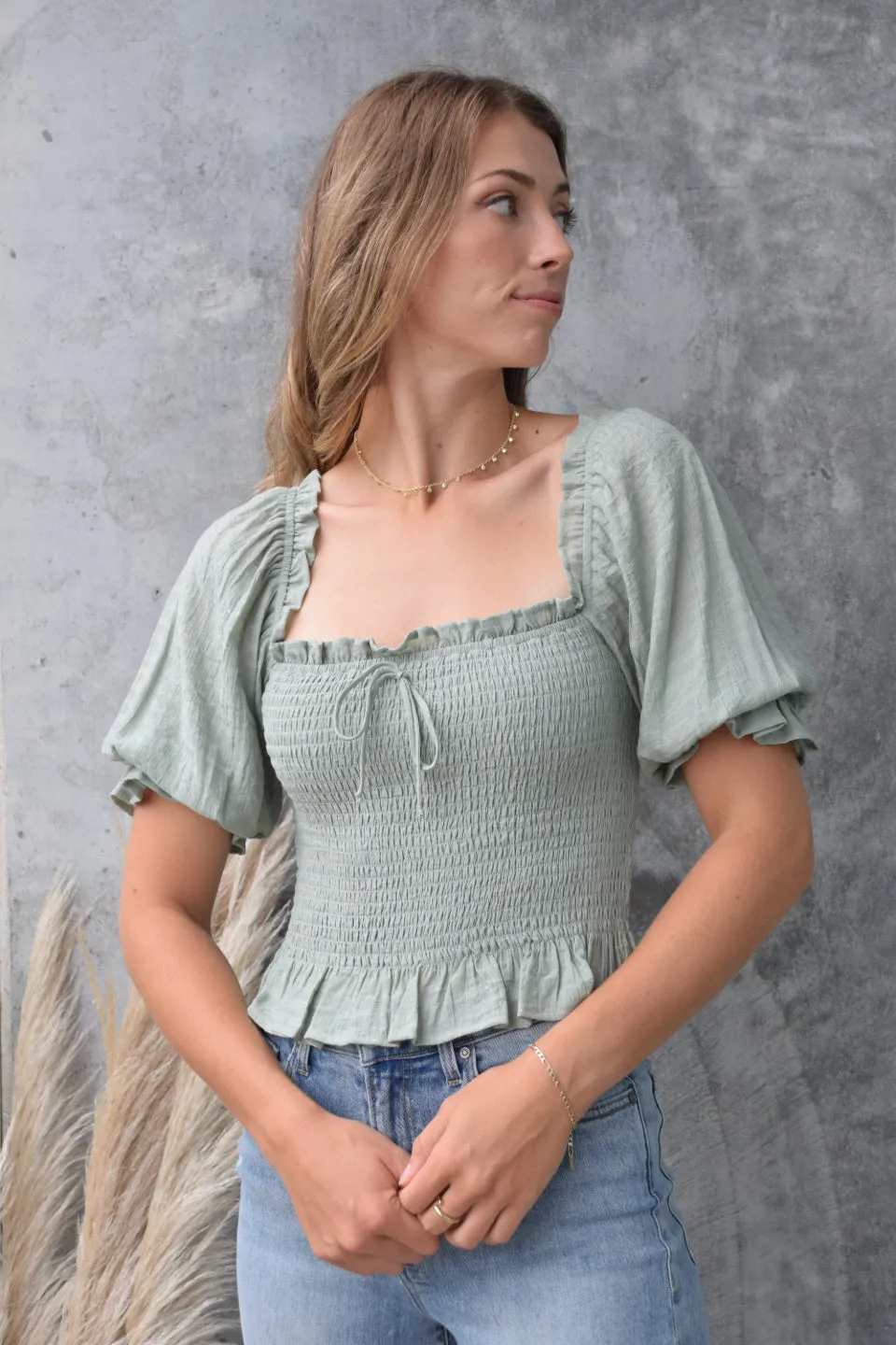 Turn It Up Sage Shirred Puff Sleeve Crop Top