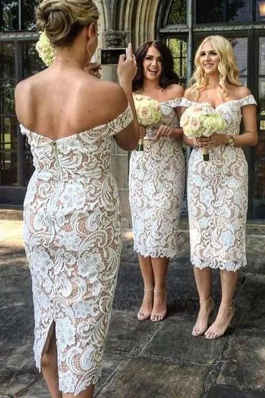 Unique Mermaid Off the Shoulder Ivory Lace Sweetheart Bridesmaid Dresses with Slit STK15540