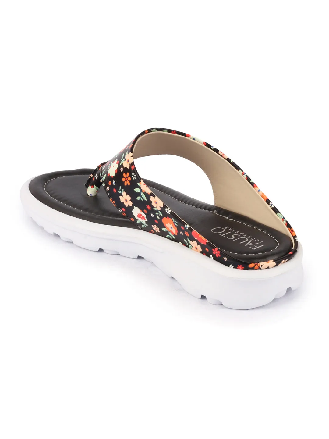 Women Black Comfort Fashion Stylish Floral Print Design Strap Thong Flats Wedges Slipper