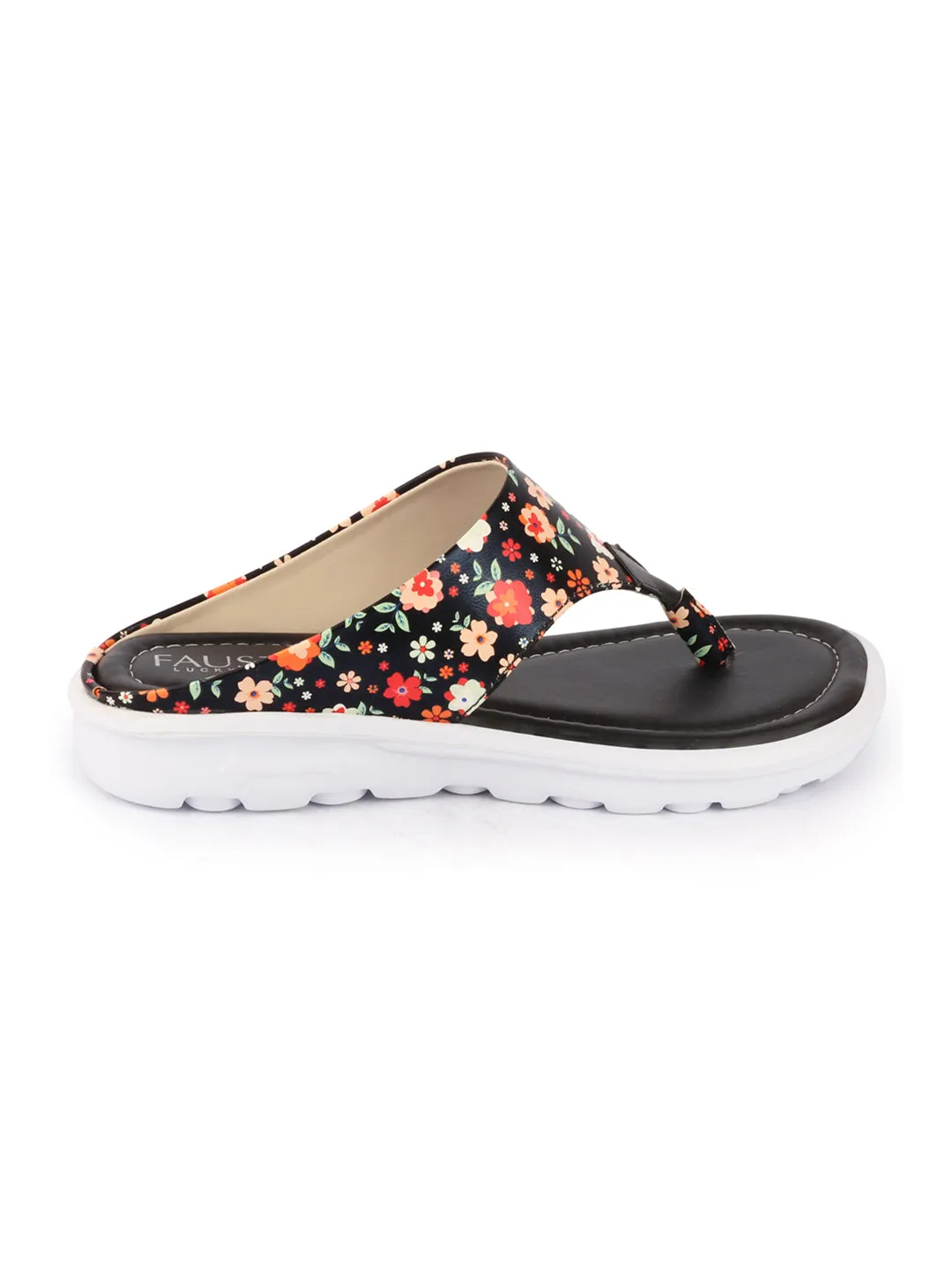 Women Black Comfort Fashion Stylish Floral Print Design Strap Thong Flats Wedges Slipper