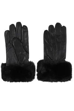 Women's Black Leather Gloves with Fur Cuffs