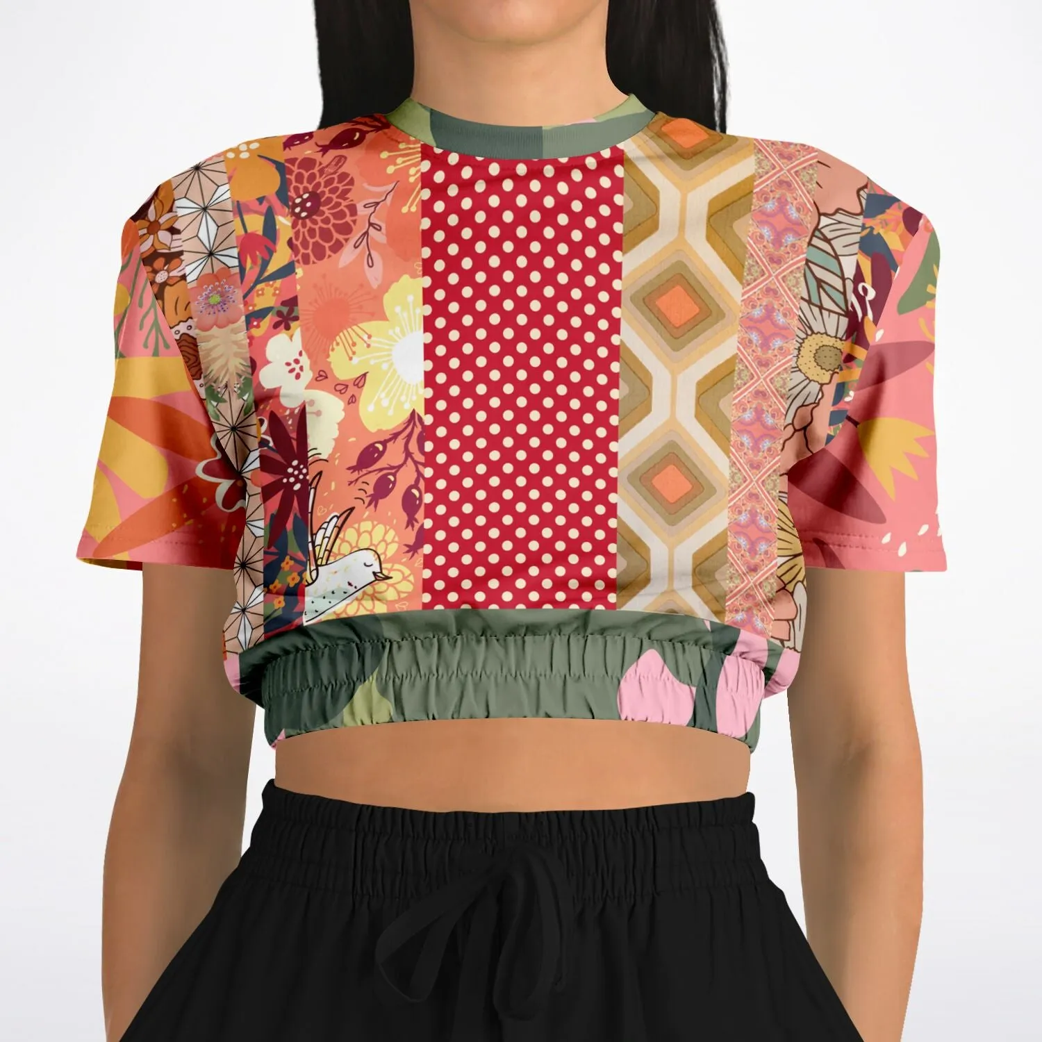 Yogananda Pink Floral Patchwork Short Sleeve Cropped Eco-Poly Sweater